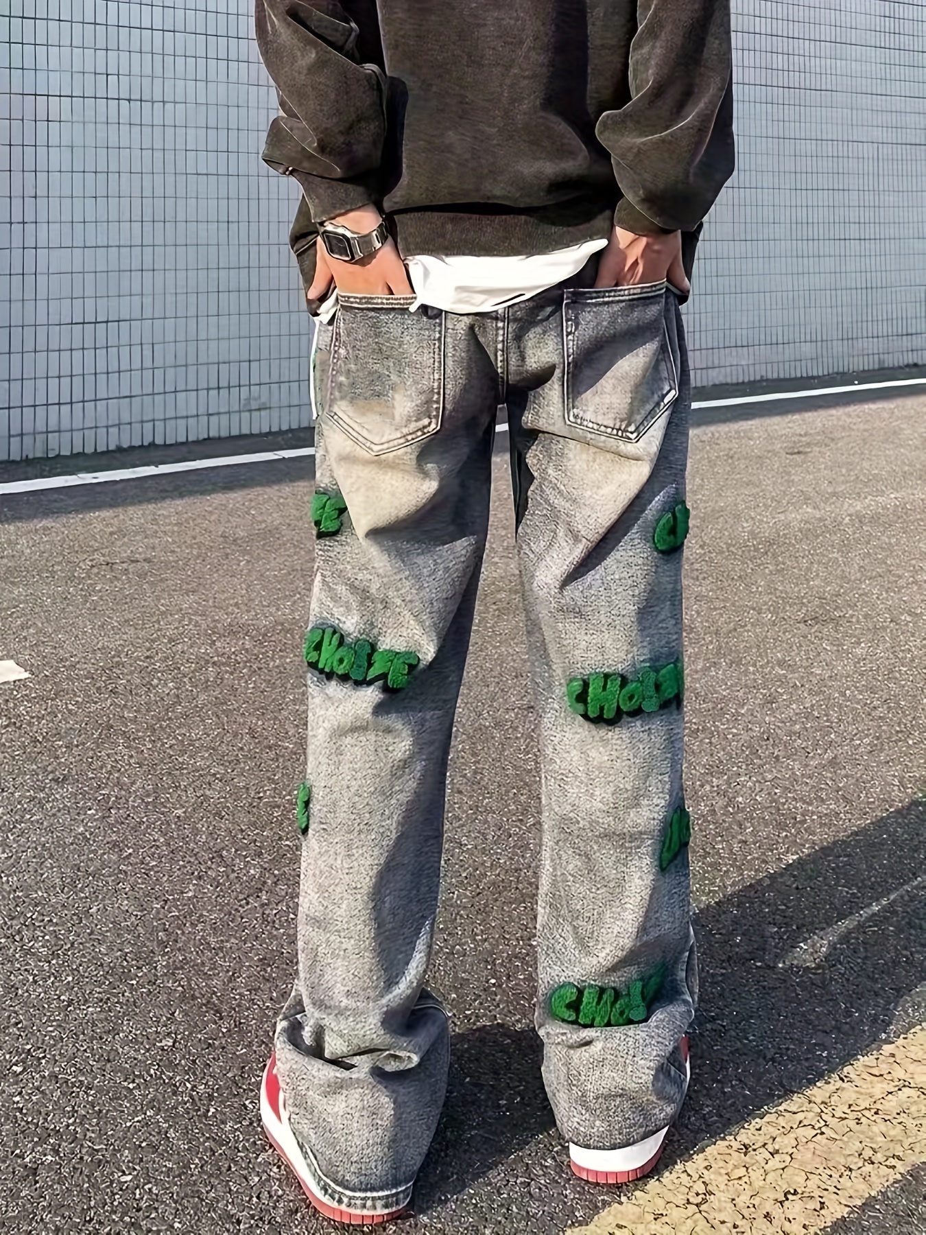 Embroidery Cotton Baggy Jeans, Men's Casual Creative Street Style Denim  Pants For Spring Summer
