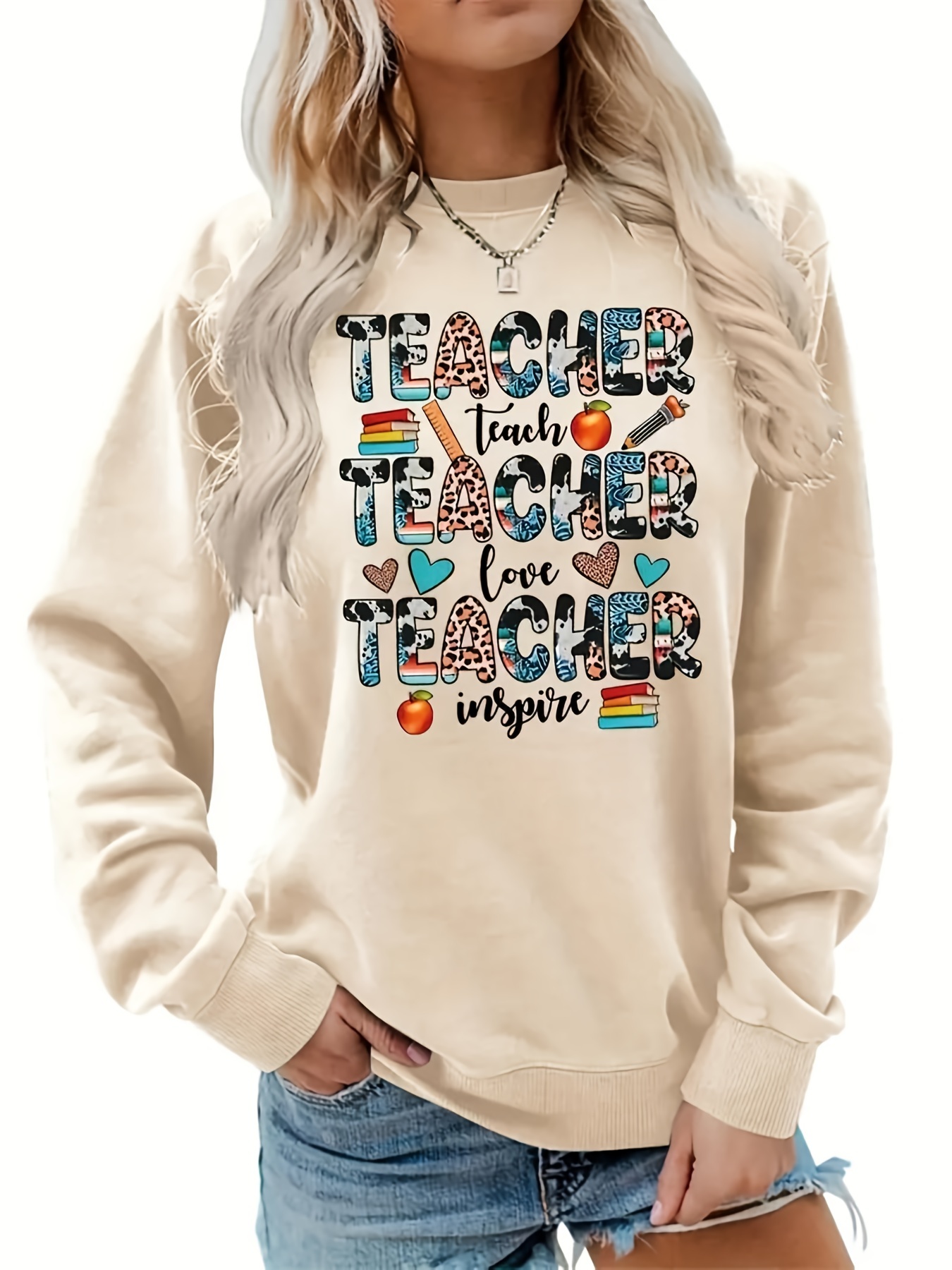teacher letter print sweatshirt casual long sleeve crew neck sweatshirt womens clothing details 5