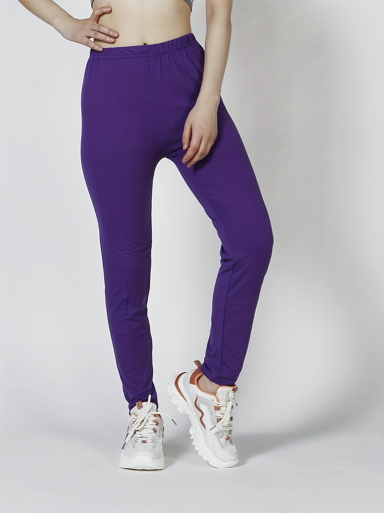 sexy solid simple leggings casual high waist elastic fashion bottoms slim leggings womens clothing purple 2