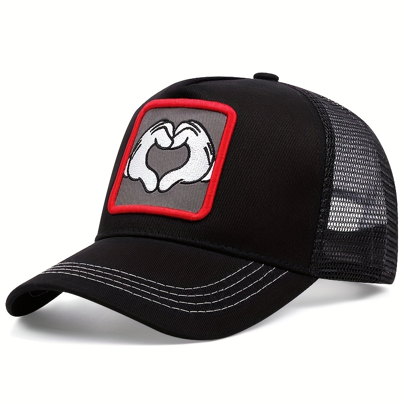 Finger Heart Patch Trucker Hat Cute Cartoon Embroidery Mesh Baseball Baseball Hat, Dad Hats Breathable Adjustable Black Sun Hats for Women & Men