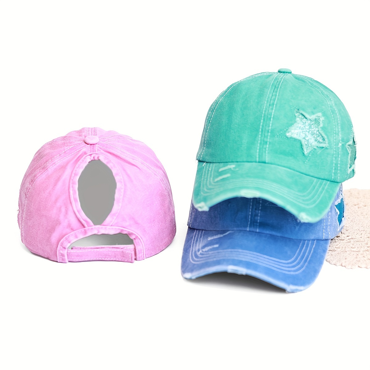 

Candy Color Ponytail Baseball Cap Classic Glitter Pentagram Raw Hem Washed Distressed Dad Hats Lightweight Adjustable Sports Hat For Women Daily Uses Music Festival