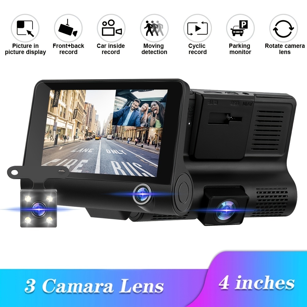 Dash Cam 3.0 inch IPS Screen with 3 channel Front,Interior,Rear Car Camera