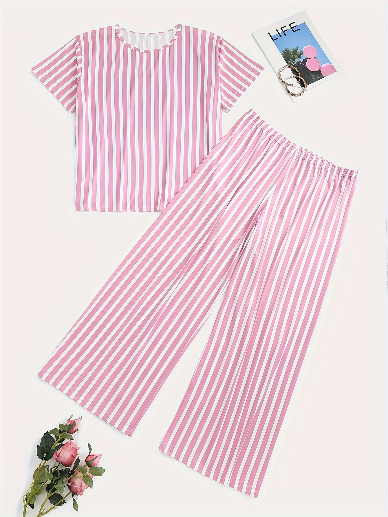 Plus Size Casual Pajamas Set, Women's Plus Striped Pattern Short Sleeve  Round Neck Top & Pants Home Wear 2 Piece Set