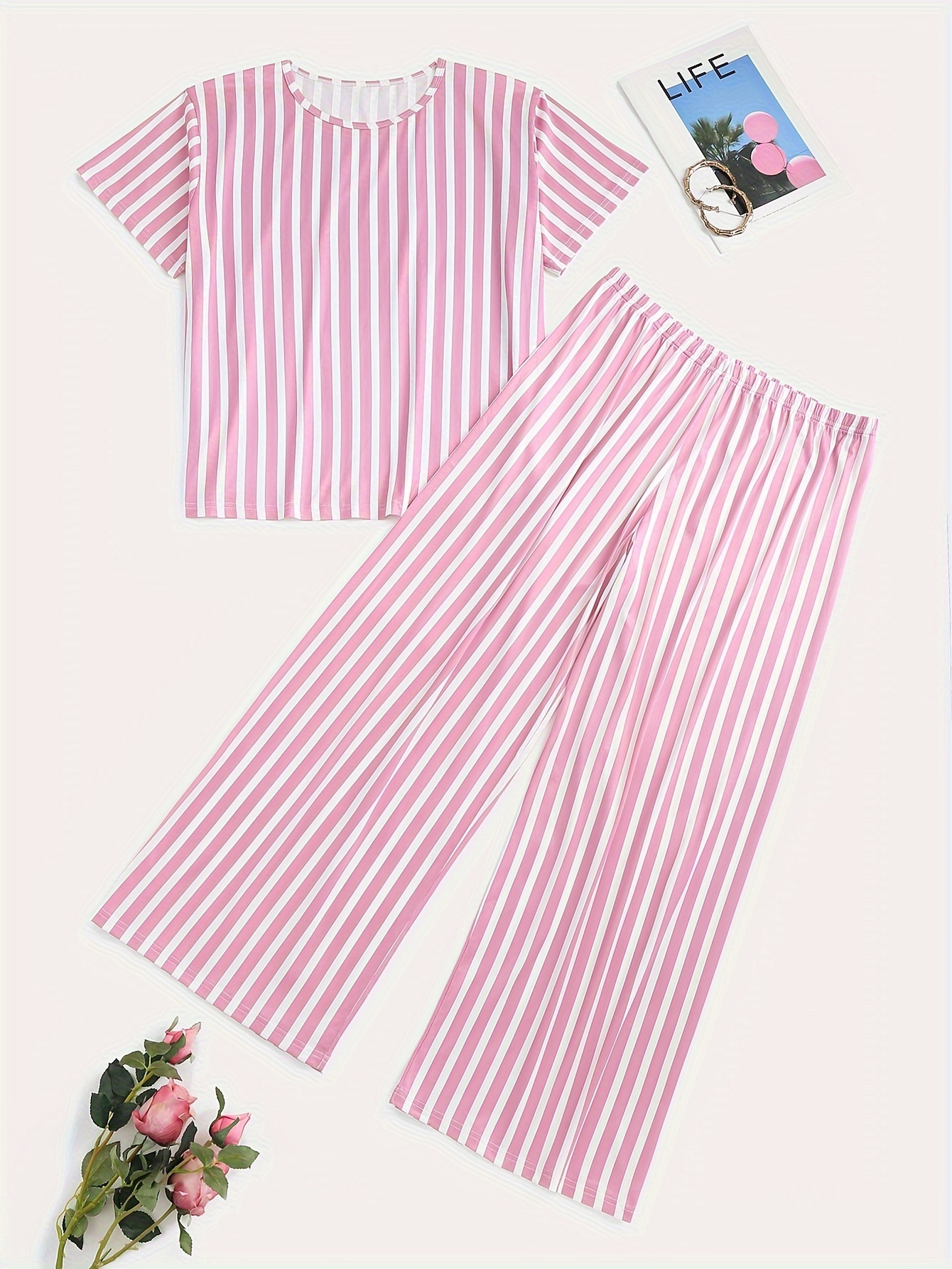 Striped Pattern Pajamas Set Short Sleeve Top & Pants 2 Piece