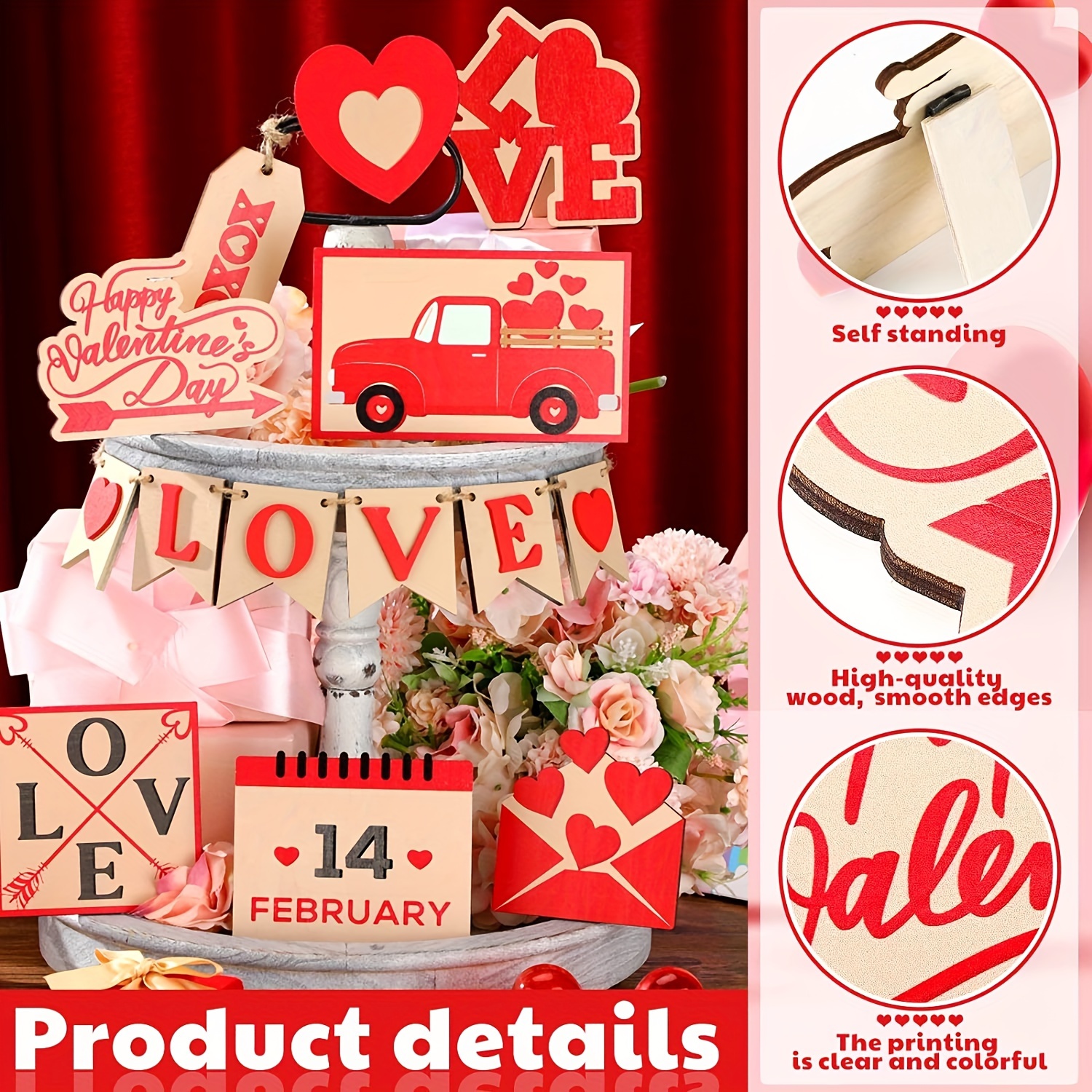 Valentine's Day Tiered Tray Decoration Set Wood Red - Temu