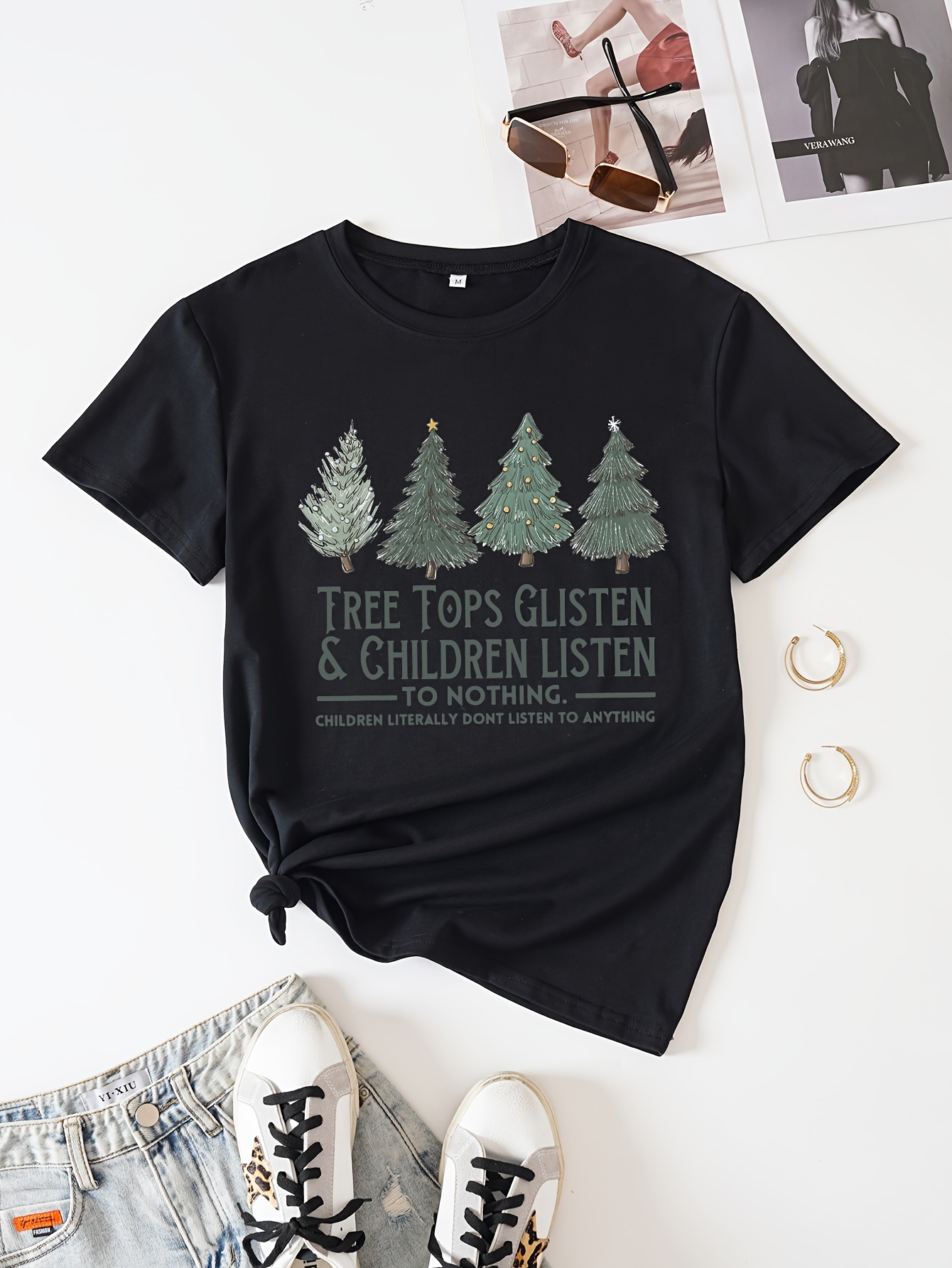 Camiseta De Impresión De Árbol Y Carta De Navidad Top Casual - Temu