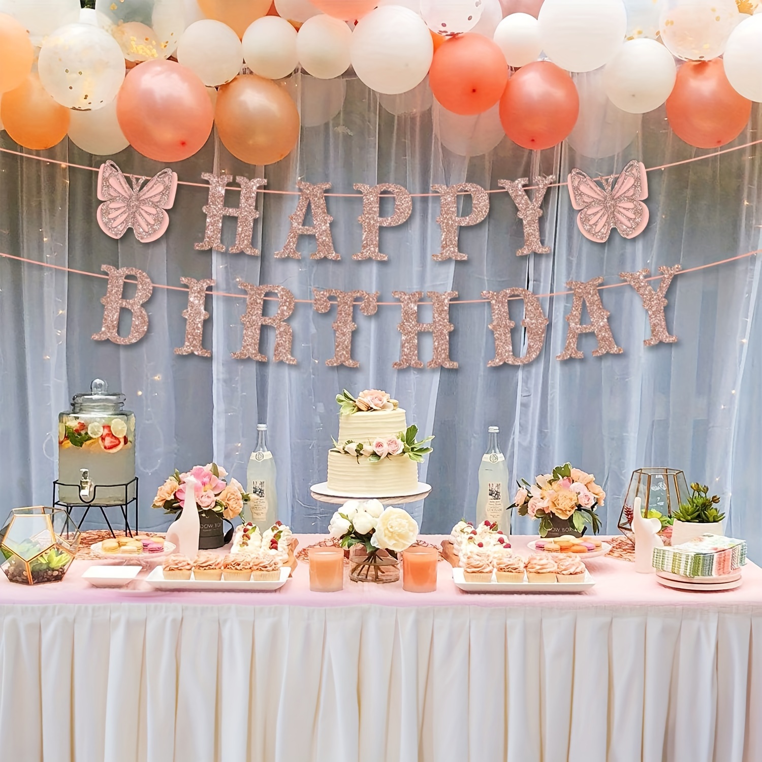 Wanddekoration Für Geburtstagsfeier Rosa Blumen Schmetterling Geburtstag Banner - Party Hintergrund 200x152cm Polyester Rosa Schmetterling Deko