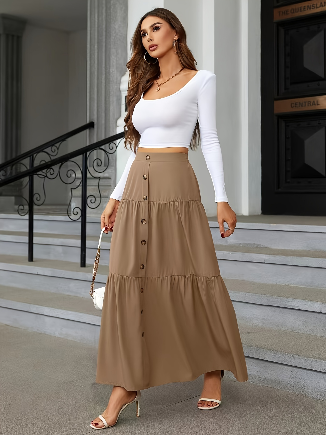high waist tiered skirts casual solid button front maxi skirts womens clothing details 27