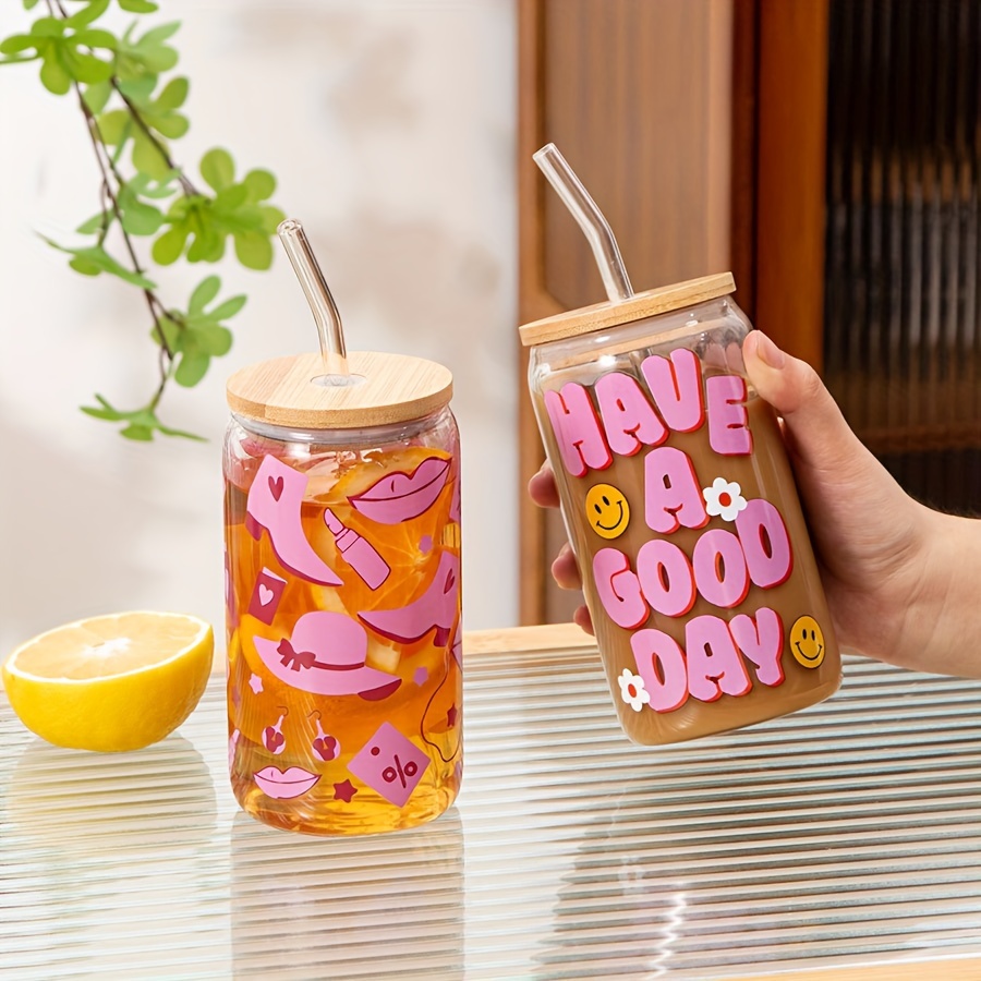 Ice Coffee Cup With Bamboo Lid And Glass Straw, Mushroom Printed Beer Can  Glass, Halloween Gifts - Temu