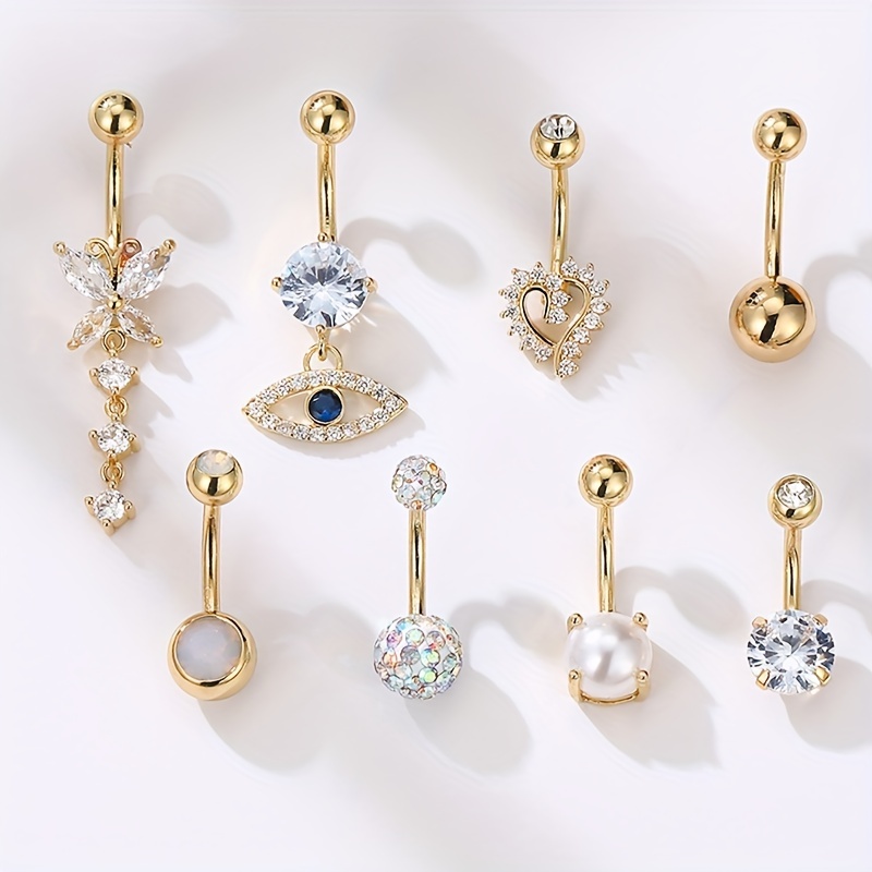 8pc Golden Love Heart Devil's Eye Belly Button Ring Set