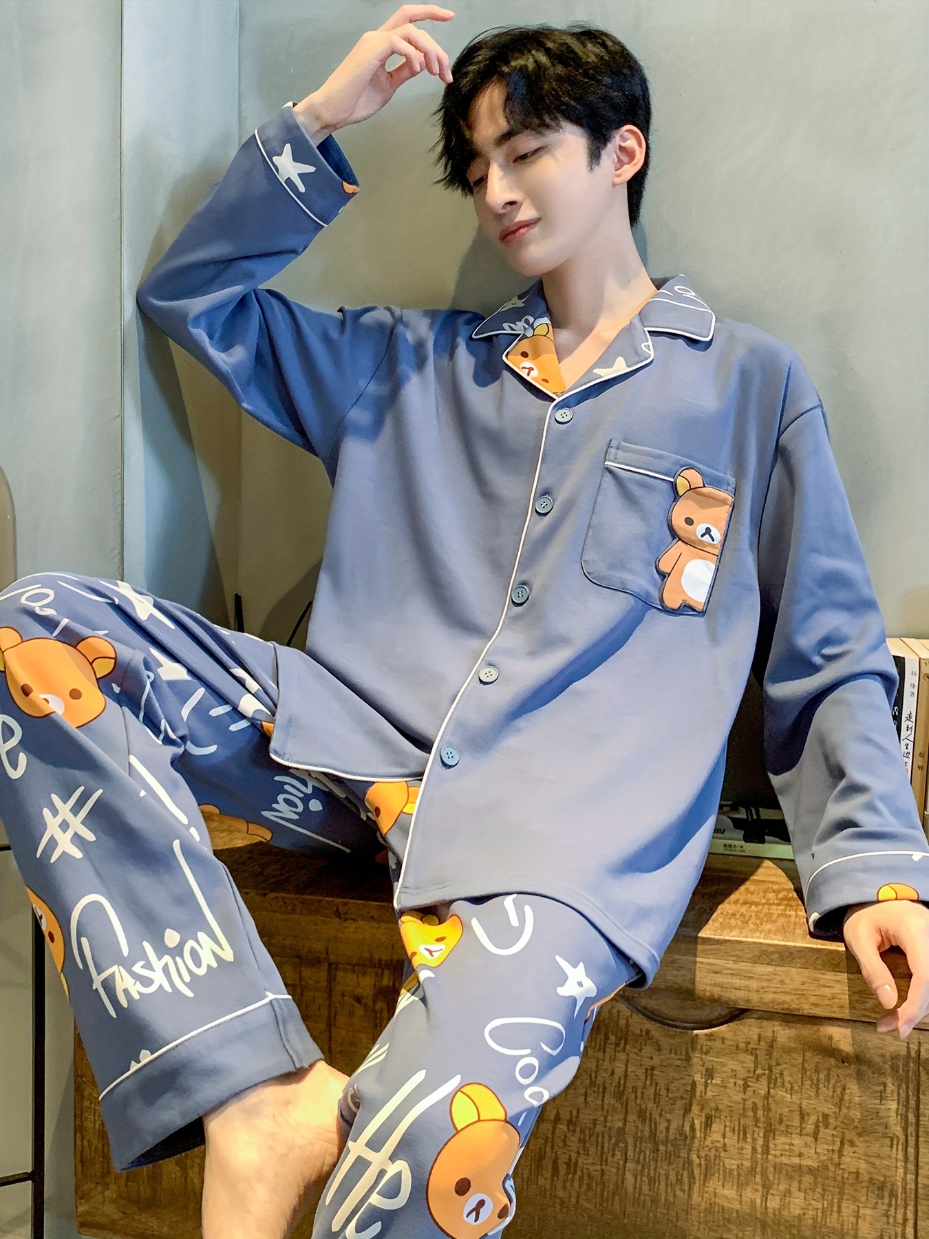 Men's Casual Pajamas Sets Cartoon Bear Long Sleeve Lapel - Temu