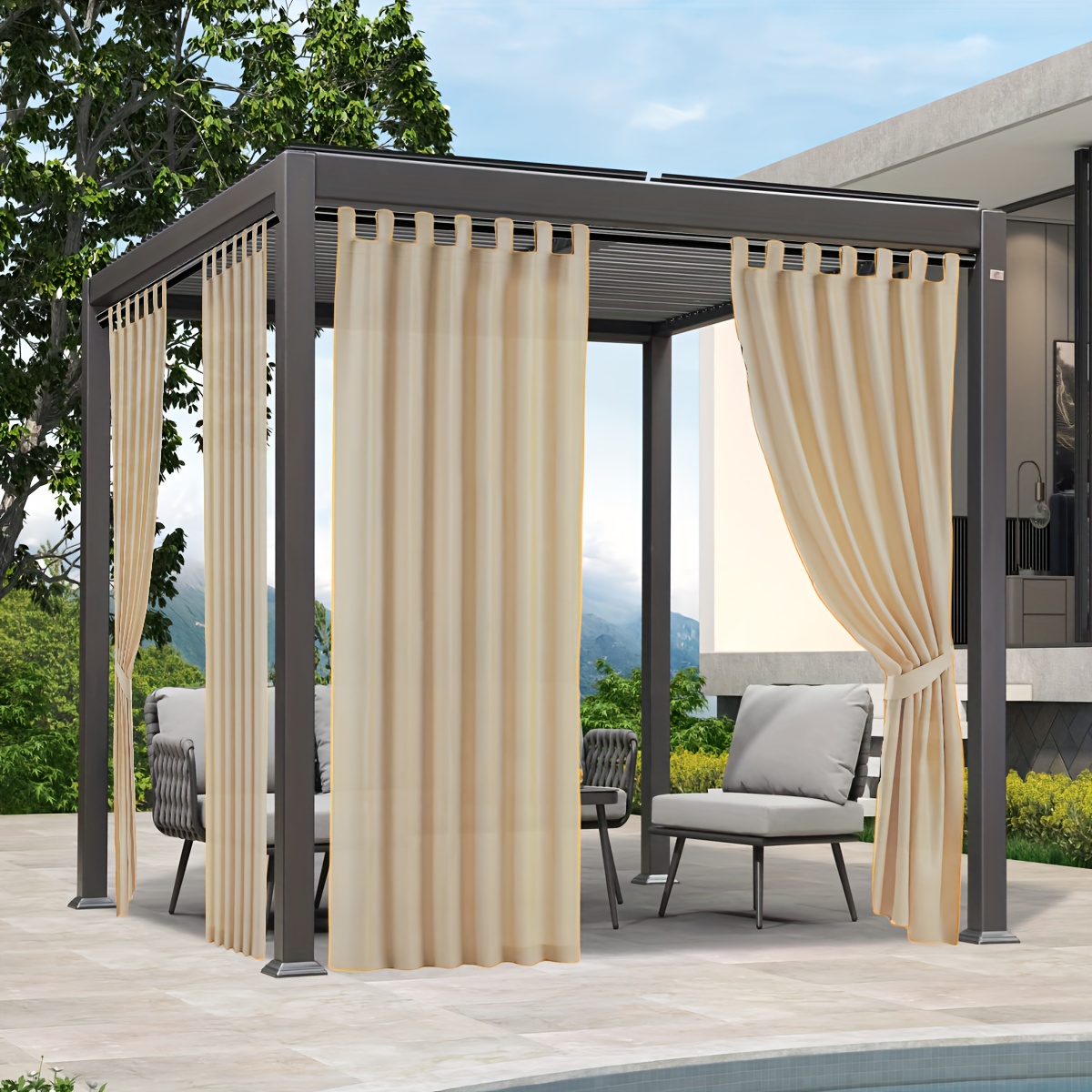 

1 Panel Outdoor Curtains For Patio Waterproof, Detachable Sticky Tab Top Weatherproof Outside Curtains For Porch, Pergola, Gazebo, Cabana, Pavilion