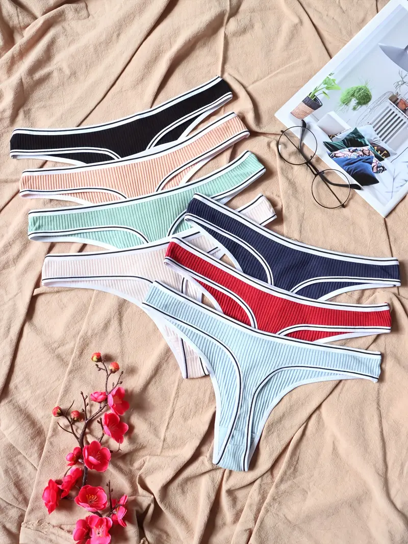 7 Pcs Ribbed Sports Thongs, Comfy Seamless Low Waist Thongs Panties,  Women's Lingerie & Underwear