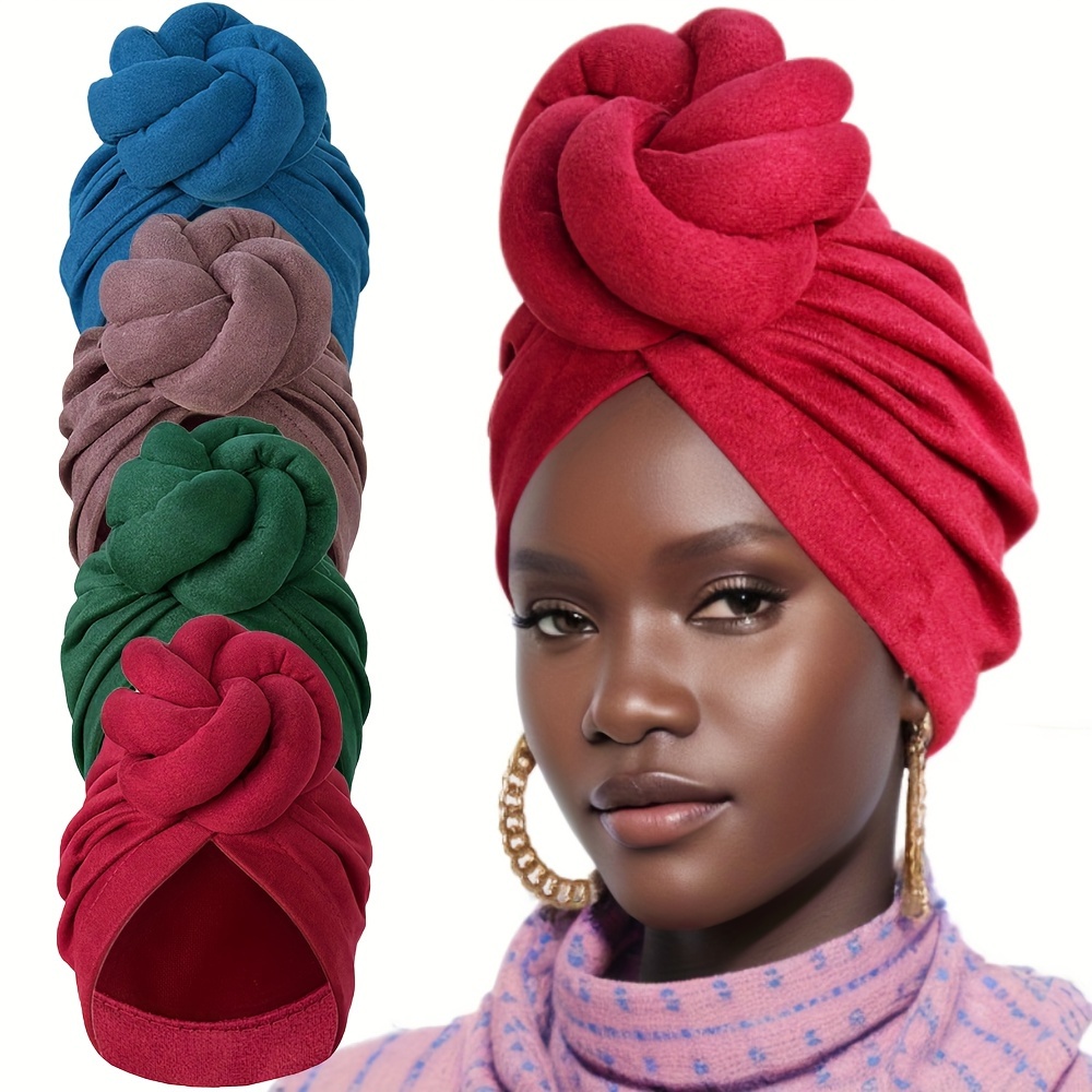 

Boho Knotted Turban Hats Vintage Solid Color Elastic Head Scarf Ramadan Beanies Chemo For Women