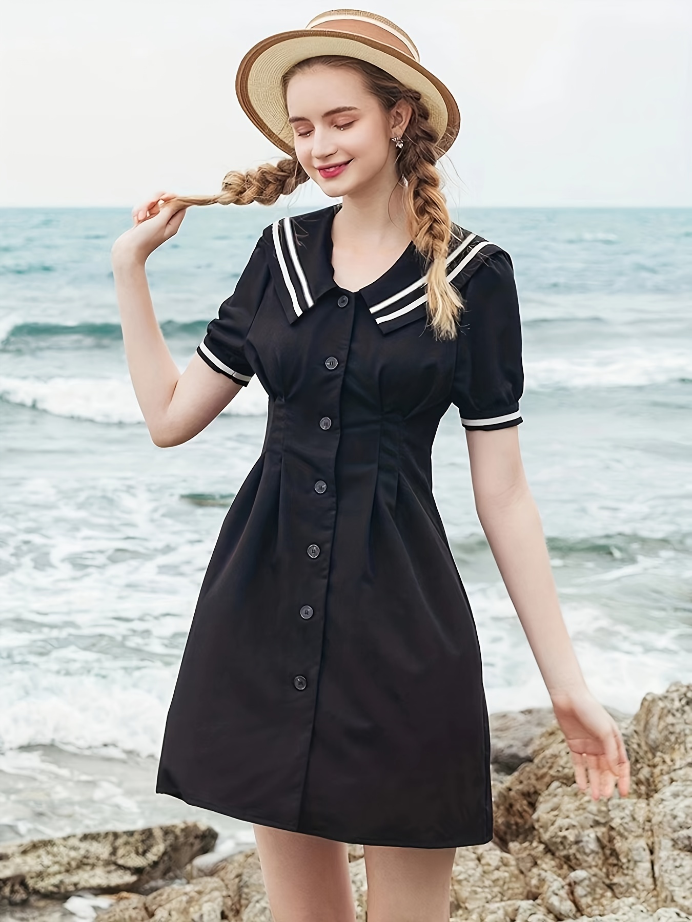 Solid Button Front Belted Dress Elegant Ruched Sleeve Ruffle - Temu Canada