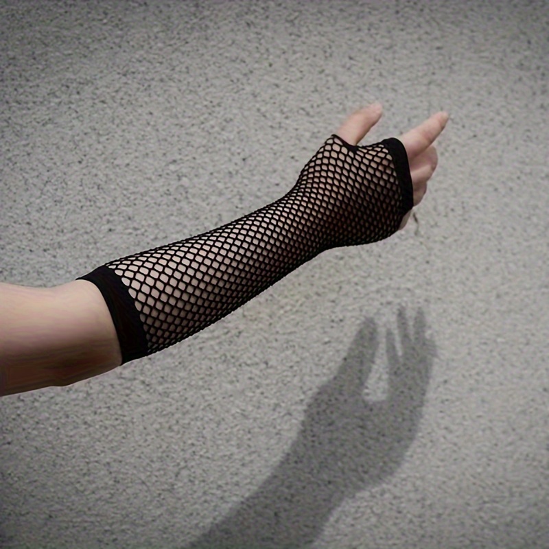 Long Fishnet Fingerless Gloves Solid Color Elastic Arm - Temu