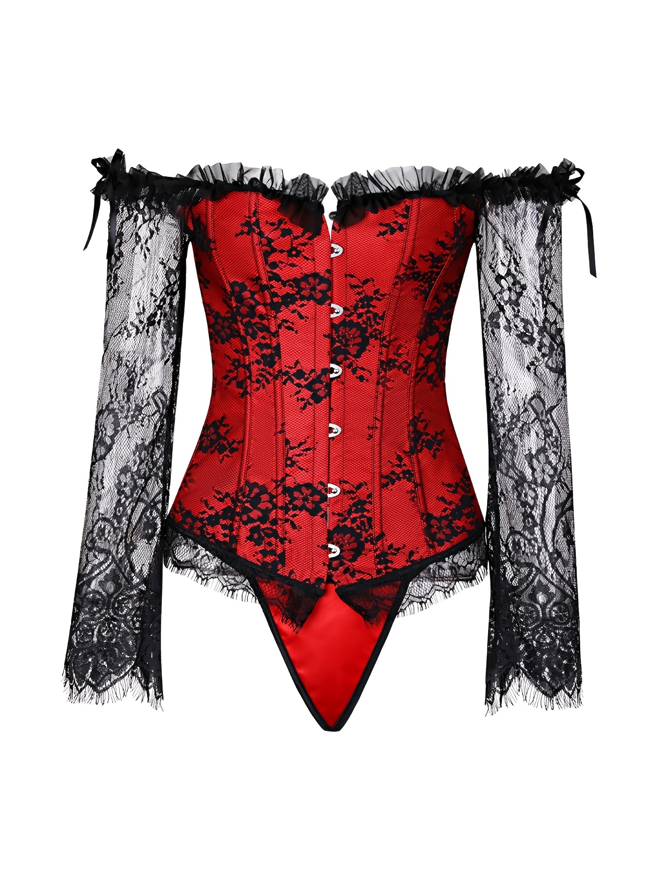 Red Corset Bustier Women Sleeves Lace Floral Sexy Costumes - Temu