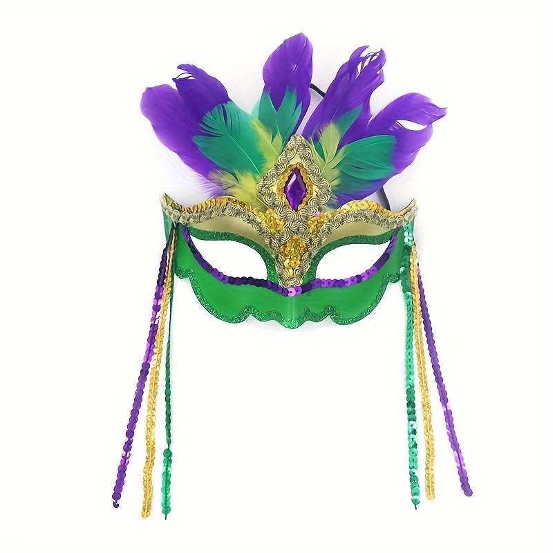 Womens Masquerade Mask Feathers Mardi Gras Green Gold | Masquerade Store