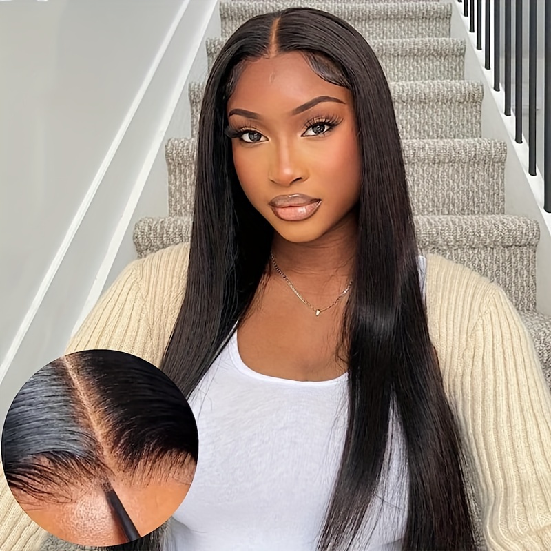 13x6 Straight Glueless Wigs Pre Cut Straight Lace Frontal Wigs Human Hair Pre Plucked Bleached Knots Bye Bye Glue Bye Bye Knots Wig 180 Density Natural Color