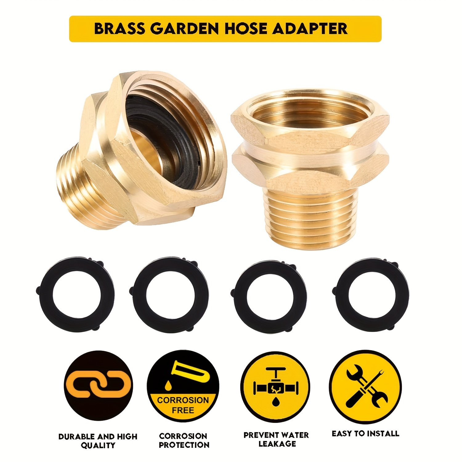 1 Set 3/4GHT Female To 1/2 NPT Male Connector, GHT To NPT Adapter Brass  Fitting, Garden Hose Thread Metal Brass Adapters, Includes 4 Washers With 2
