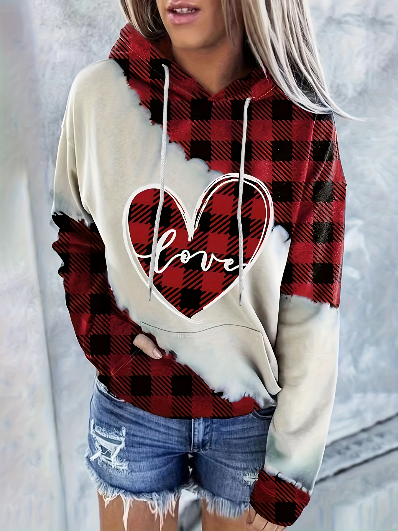 Heart print kangaroo print drawstring hoodie hot sale