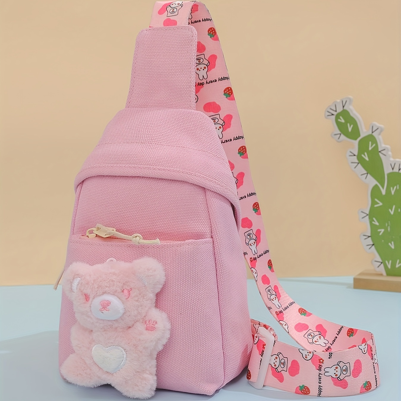 Mini Plush Bear Doll Chest Bag Kawaii Canvas Crossbody Bag Sling