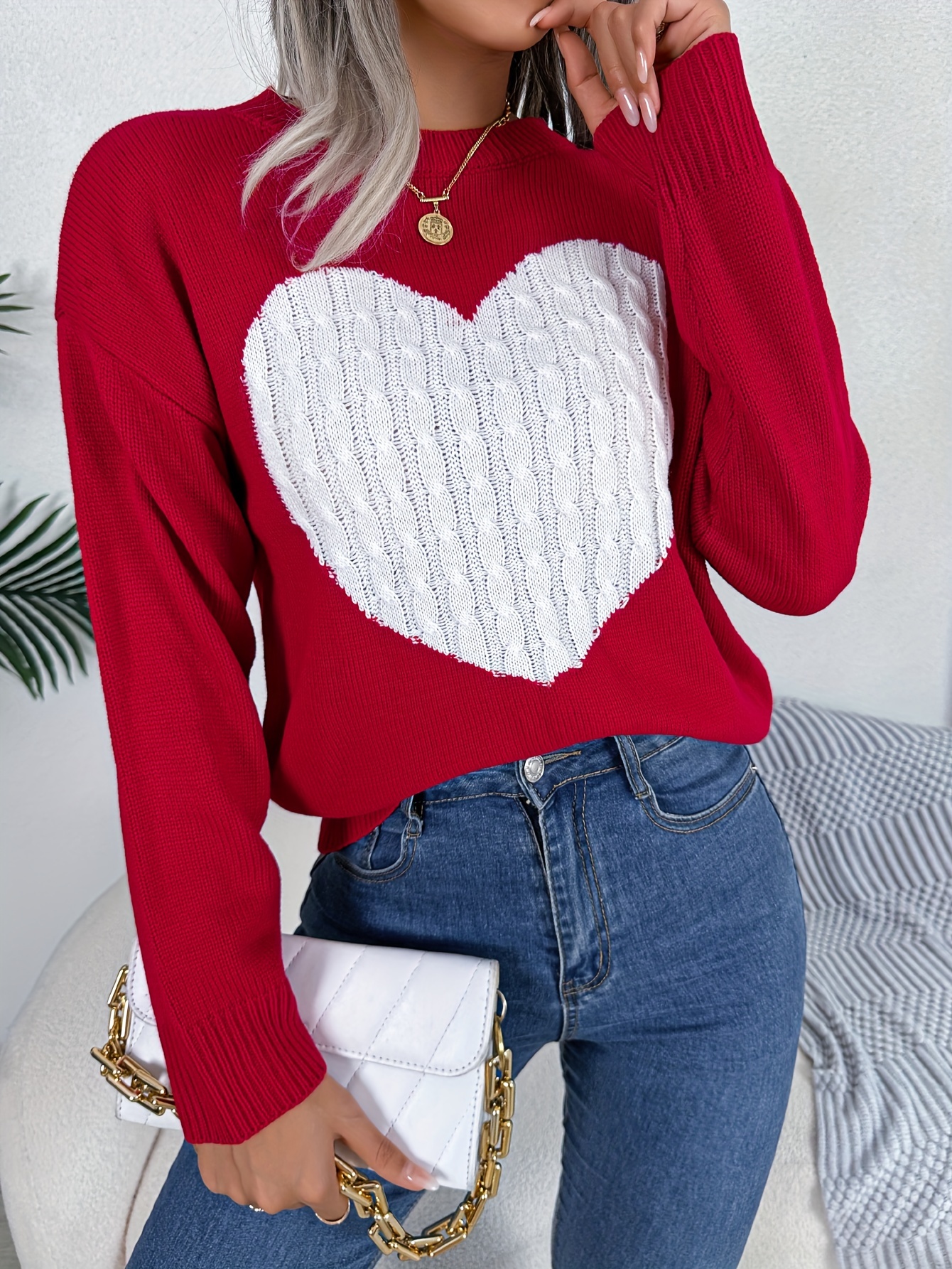 Heart Pattern Crew Neck Pullover Sweater Valentine's Day - Temu Canada