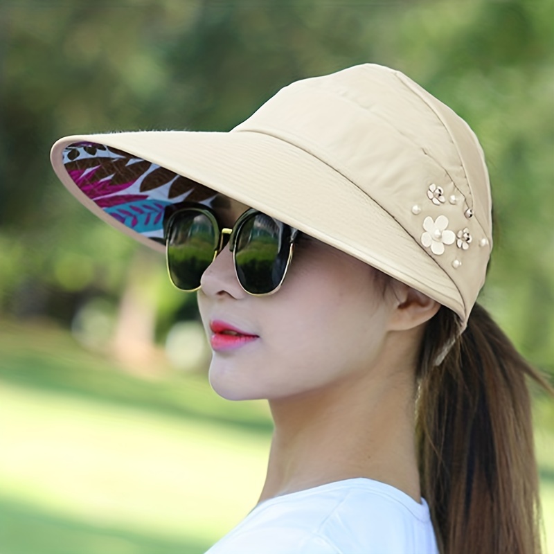 Stylish Ponytail Sun Visor Hat Beaded Flower Decor Lightweight Sun Hat