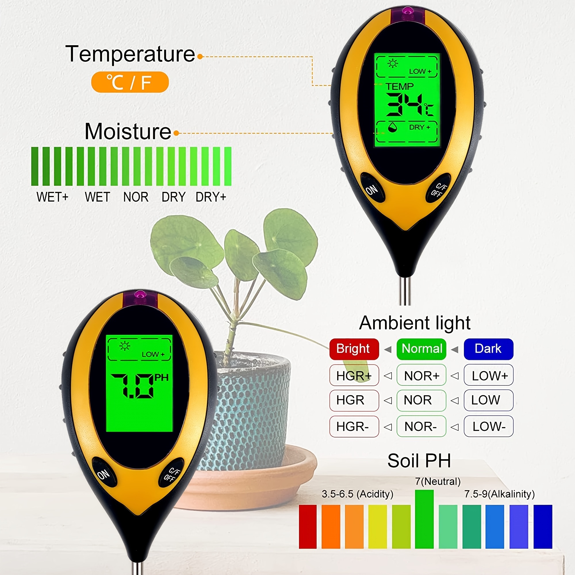 Testeur de sol PH humidité température de la lumière 4 en 1 pH-mètre testeur  de