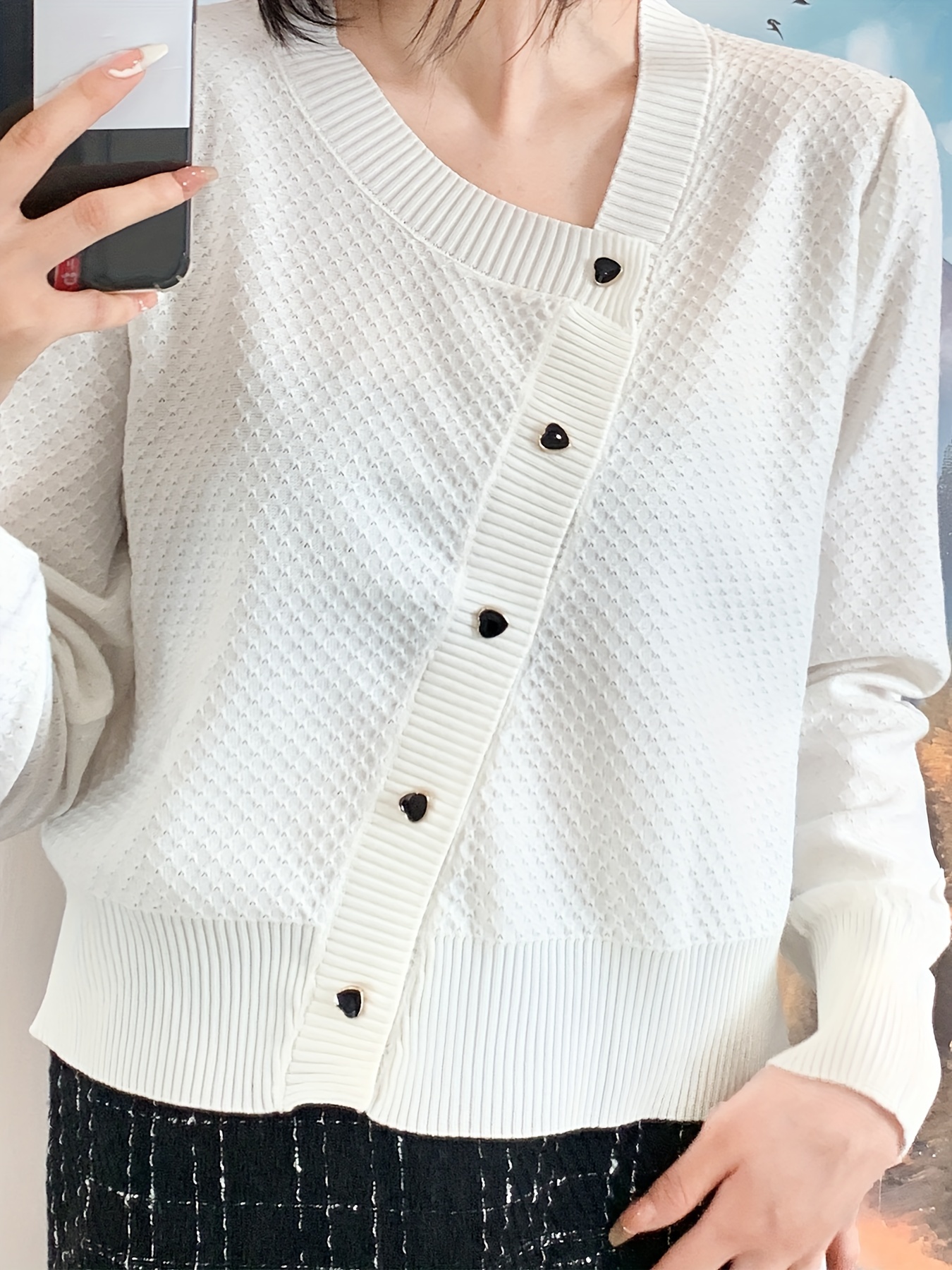 Solid Button Asymmetrical Knit Cardigan Elegant Long Sleeve - Temu