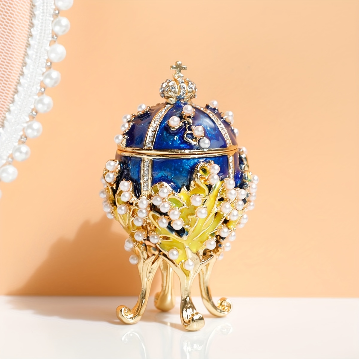 Hand Painted Enameled Egg Shape Box, Unique Trinket Box