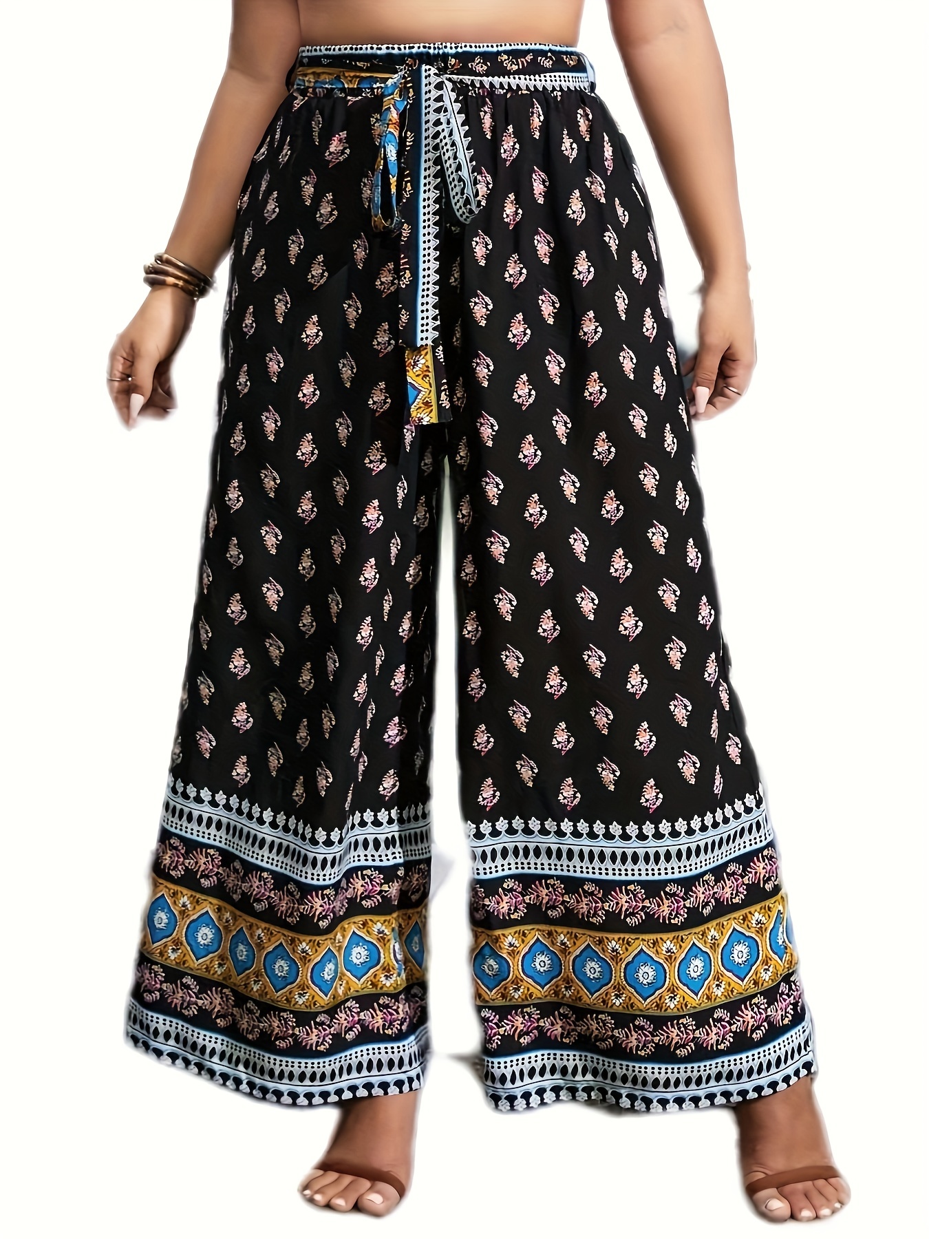 Boho Pants Women's High Rise Loose Fit Wide Leg Trousers With Belt