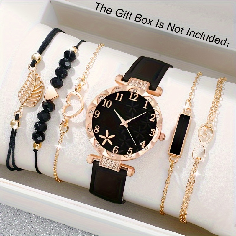

6pcs/set Women's Watch Casual Flower Quartz Watch Analog Pu Leather Wrist Watch & Bracelets, Gift For Mom Her (opp Bag)