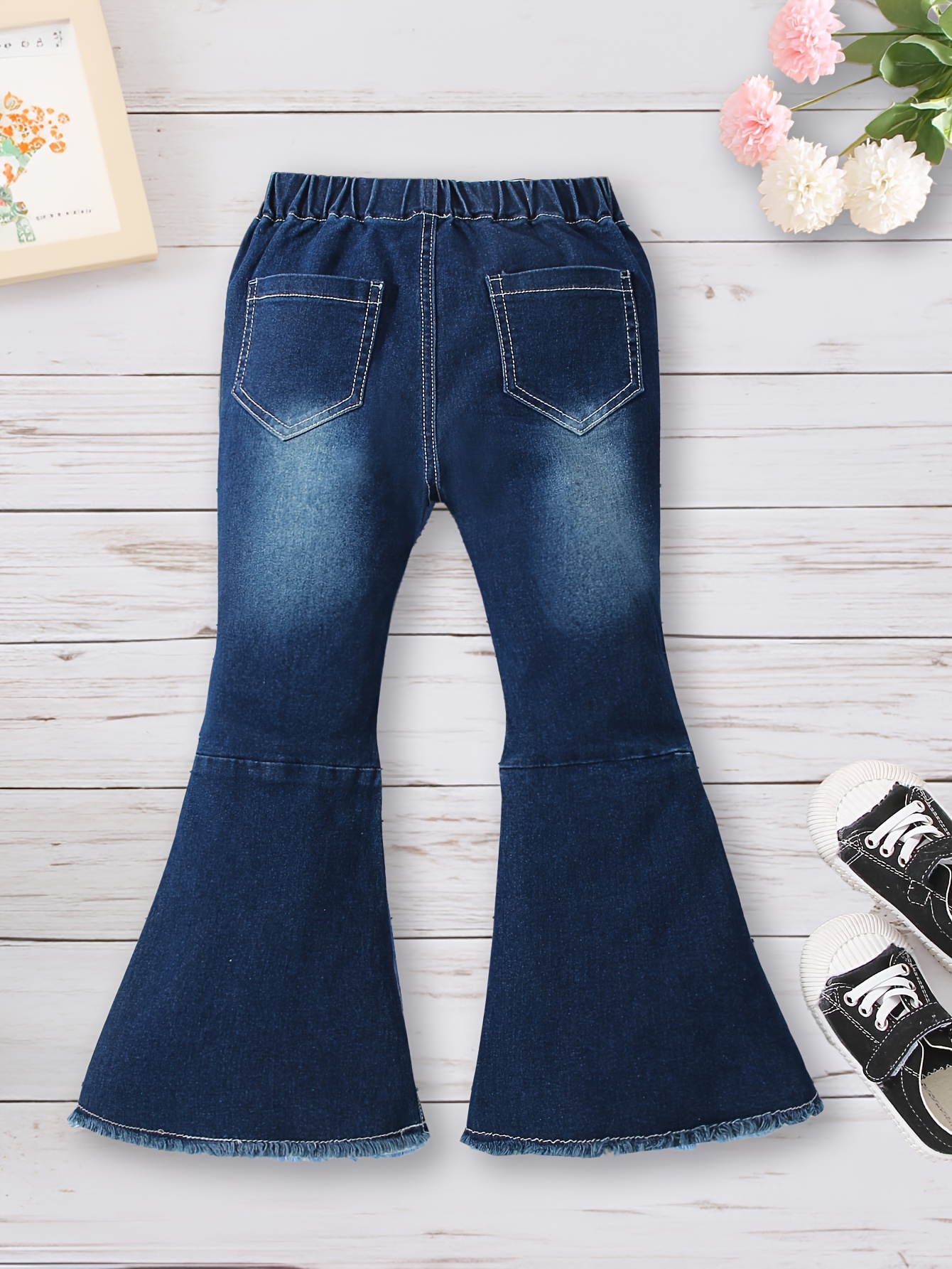 Kids Girls Ripped Flare Jeans Bell Bottom Denim Pants Toddler Solid Color  Pants 1-6 Years
