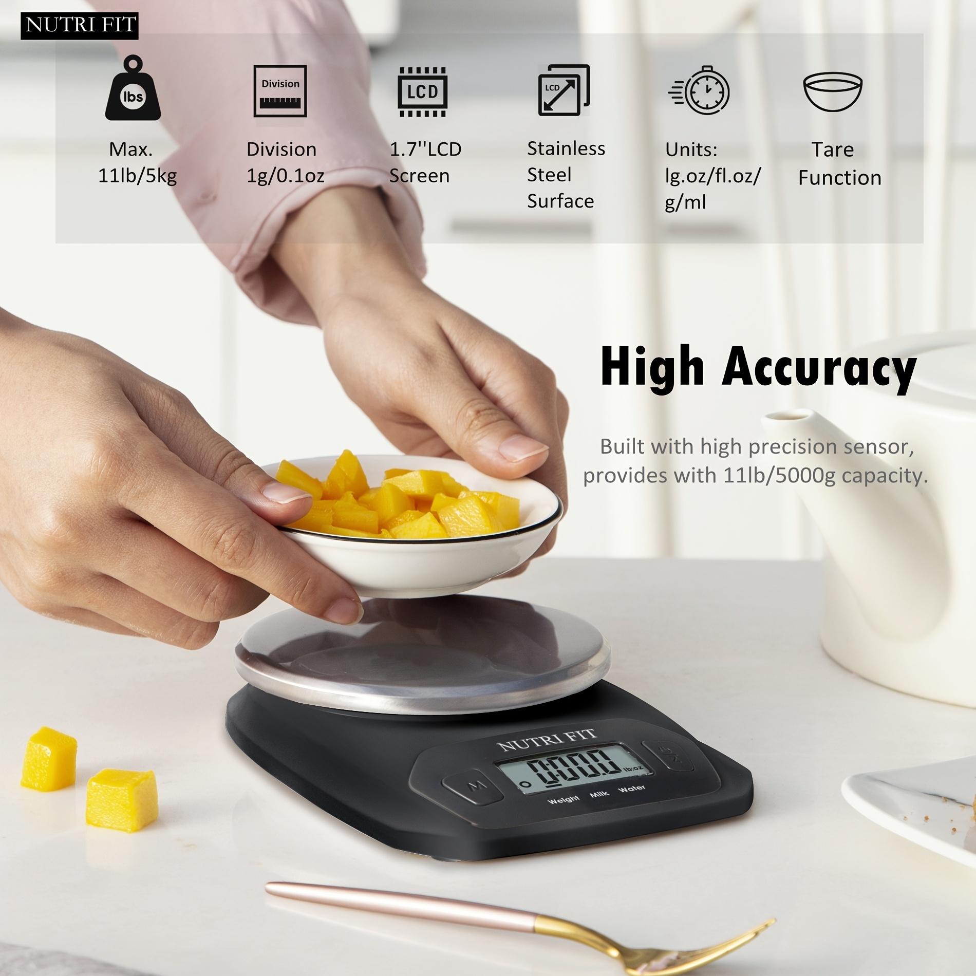 MIRA Digital Kitchen Food Scale, Measures Grams, Pounds & Ounces Glass  Platform, TARE Function, 11 lb Capacity, Gray
