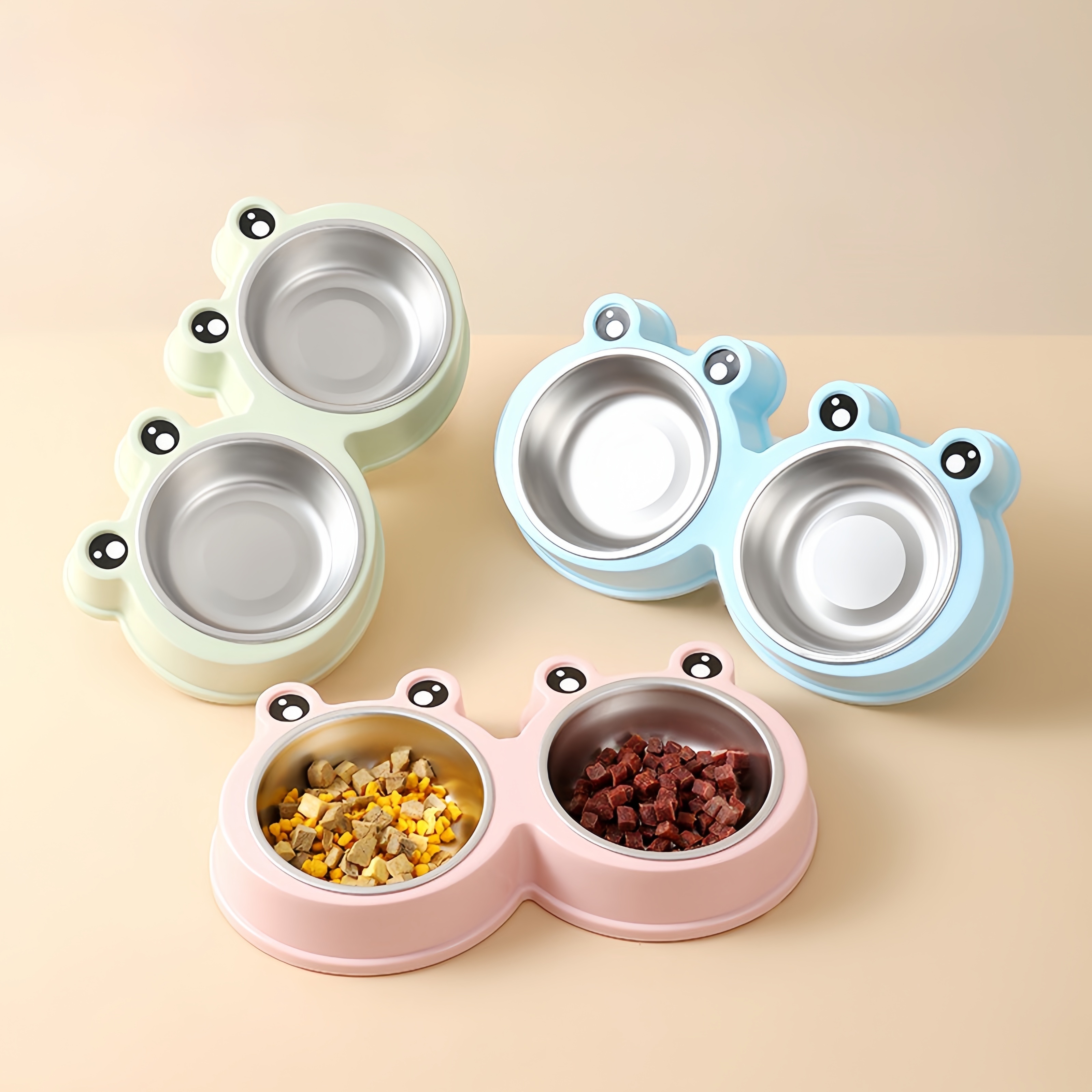 

Stainless Steel Double Feeding Bowl For Cats, Cartoon Frog Design Non-slip Cat Bowls For Convenient Feeding Drinking Supply