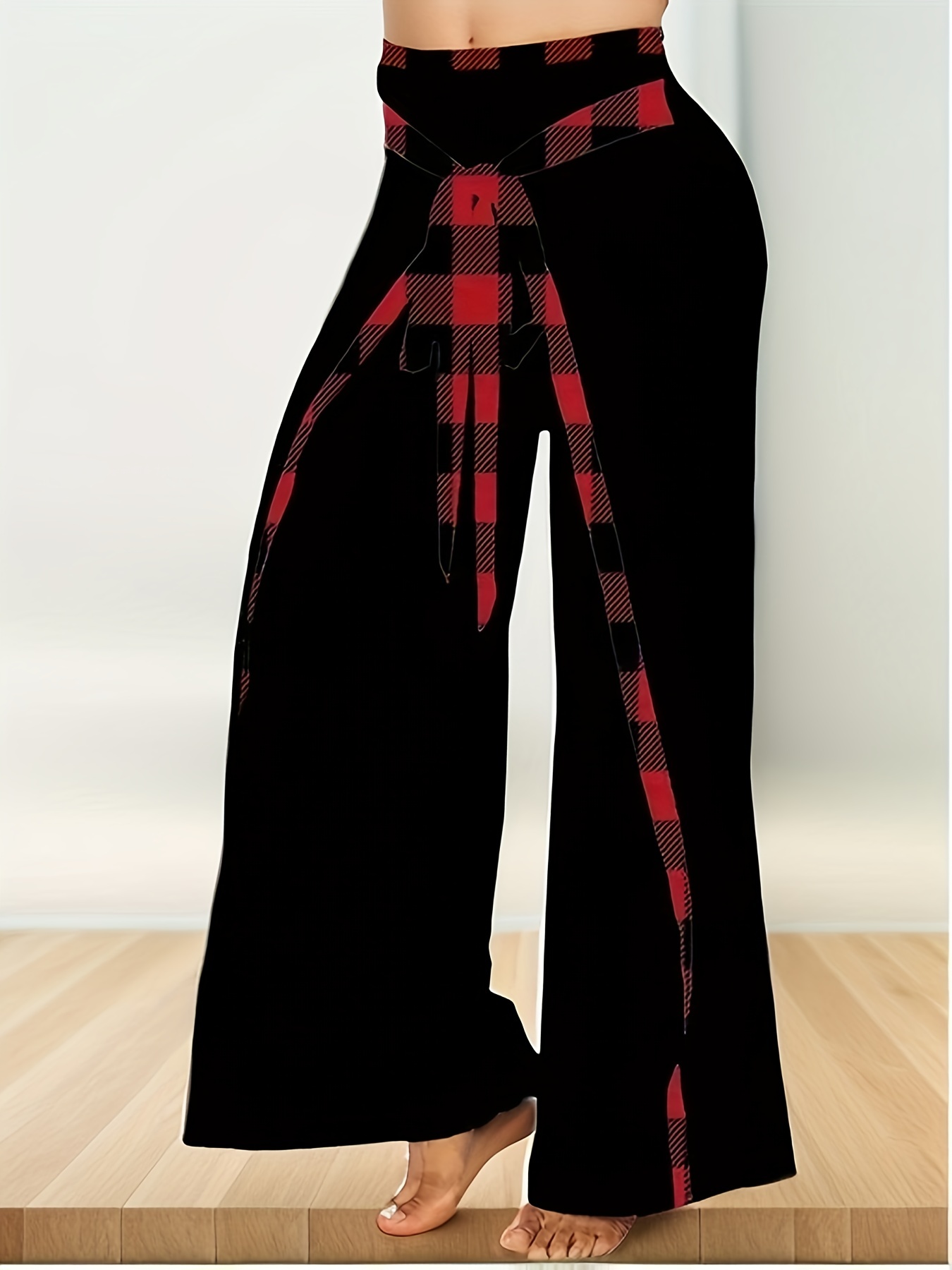 Plus Size Casual Pants, Women's Plus Plaid Print Waist Band High Waist Knit  Wide Leg Loose Pants With Belt