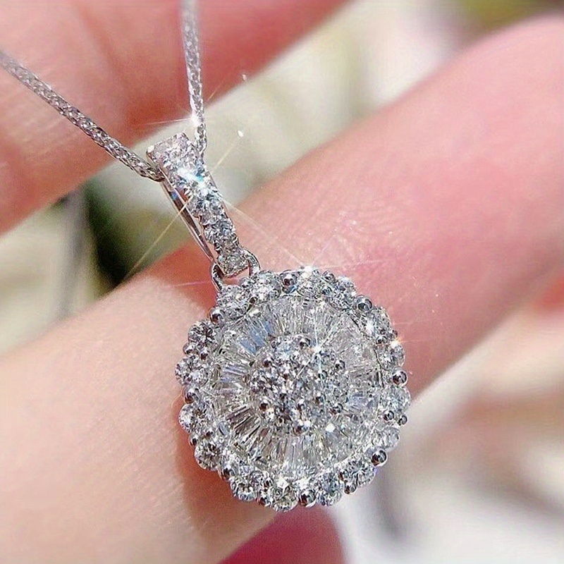 

Trendy 925 Silver Plated Pave Setting Zirconia Round Pendant Necklace For Women Daily Casual Accessories