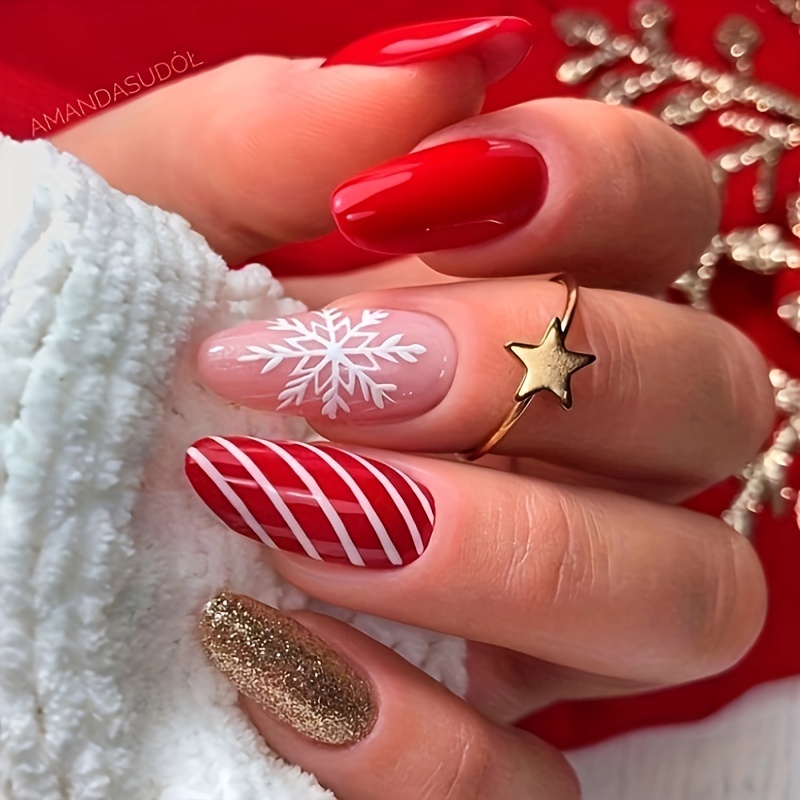 Temu 24 Pcs Golden & Red Starry Christmas Press On Nails Fake