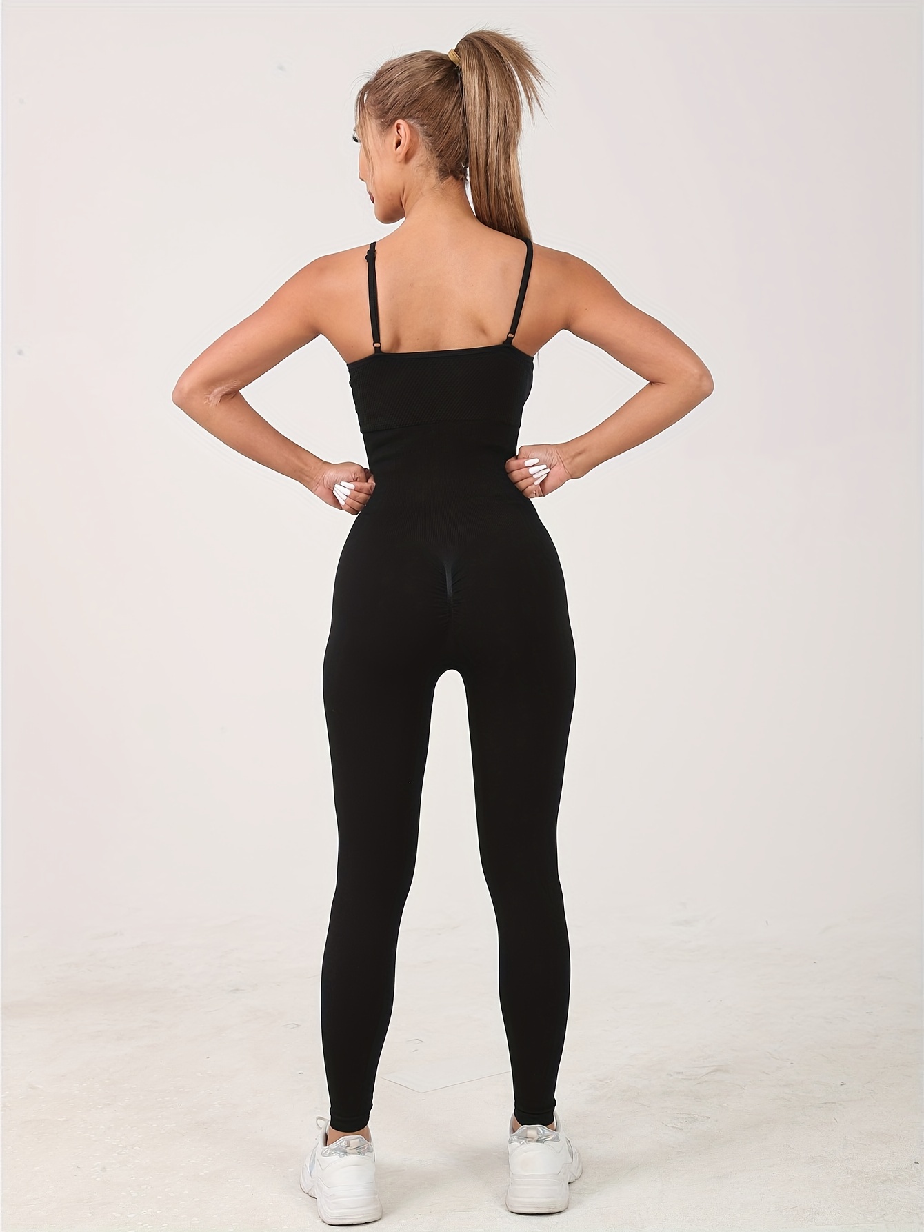 Plain Tummy Control Yoga Jumpsuit, Round Neck High Stretch Yoga Bodysuit,  Women's Activewear