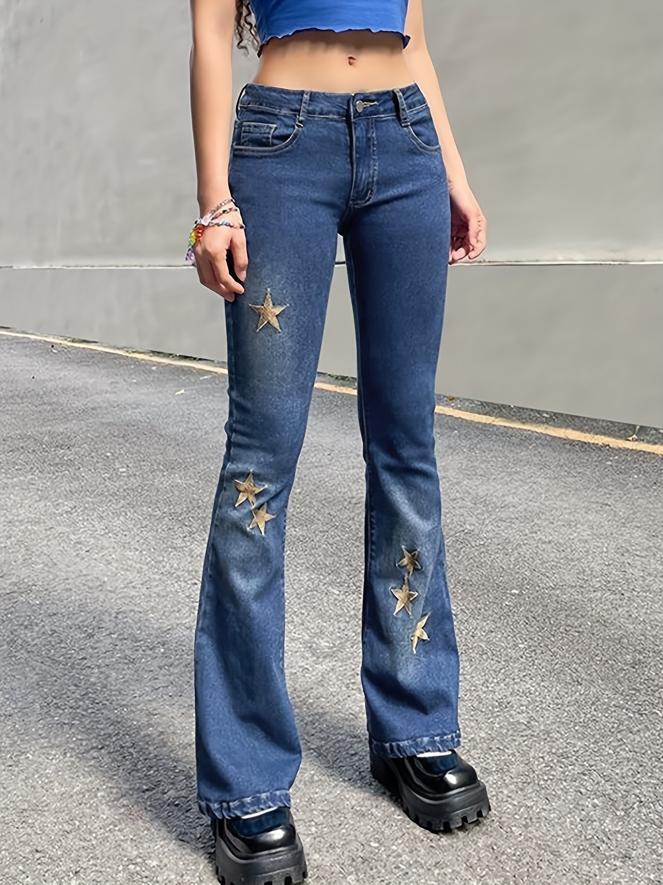 Star Graphic Washed Flare Jeans High Stretch Slant Pockets - Temu