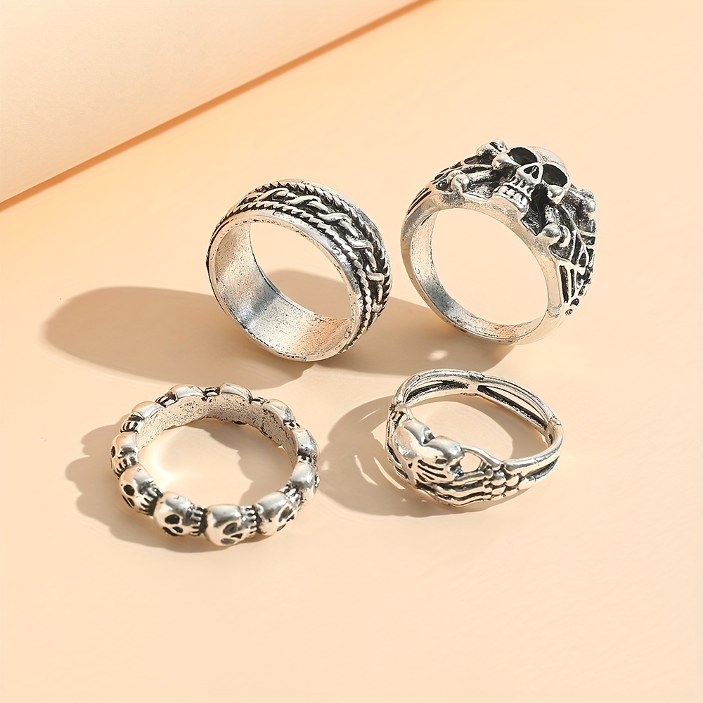 Hip Hop Style Skull Finger Ring Set, 4 Pcs