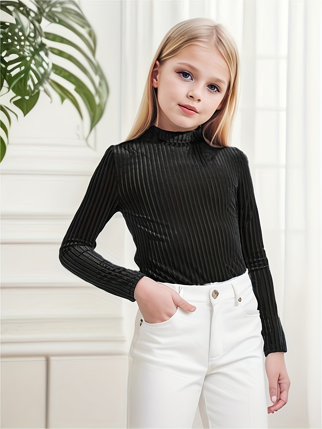 Kids Girls Black Crop Top with Elastic Waistband Chain Pants Long Sleeve  Mock Neck Lace-up Clothes for Jazz Hip Hop Street Dance