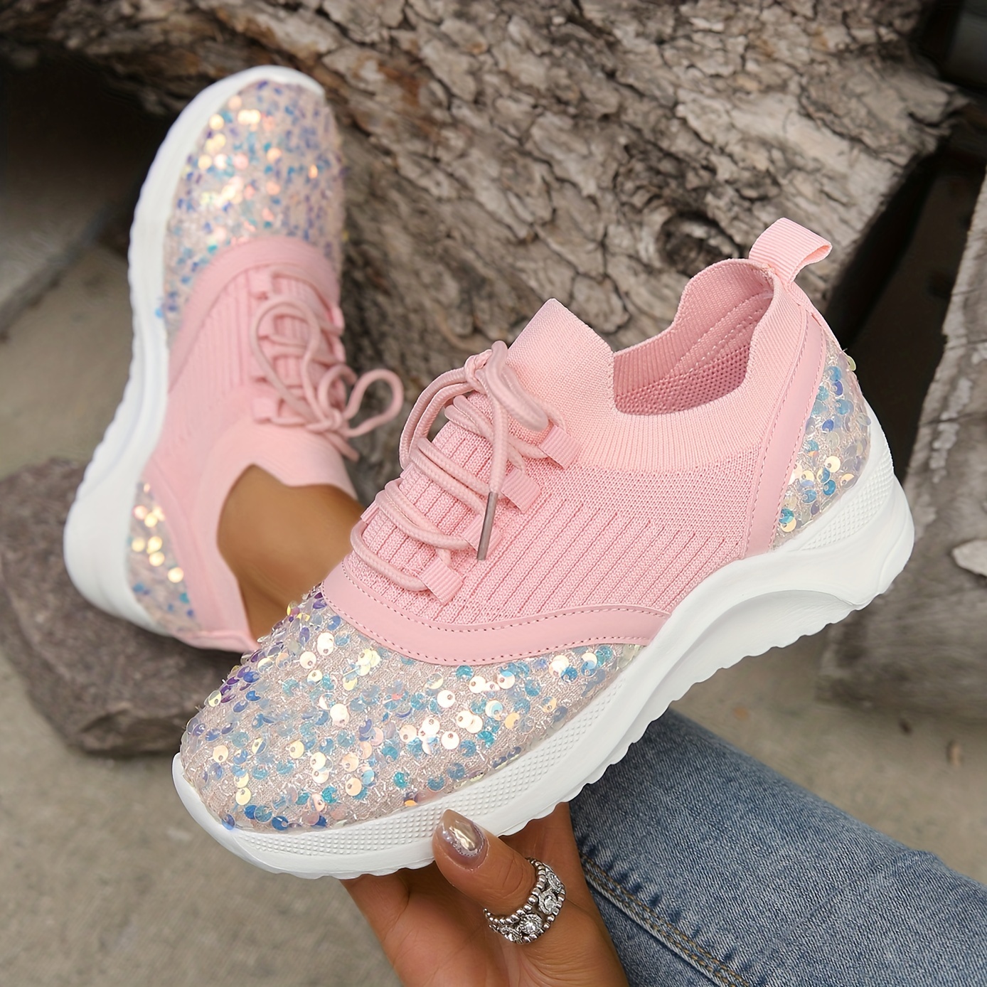 Women\'s Glitter Sequins Up Lace Decor Temu Casual - Sneakers
