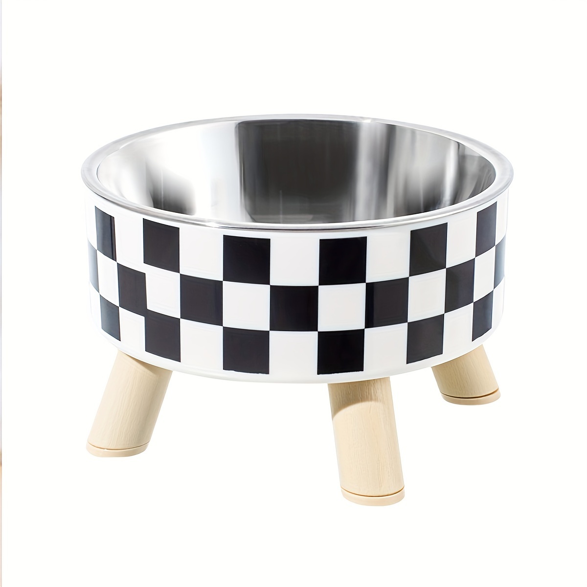 A Black And White Polka Dot Checkerboard Stainless Steel Elevated Pet Bowl Cat Bowl