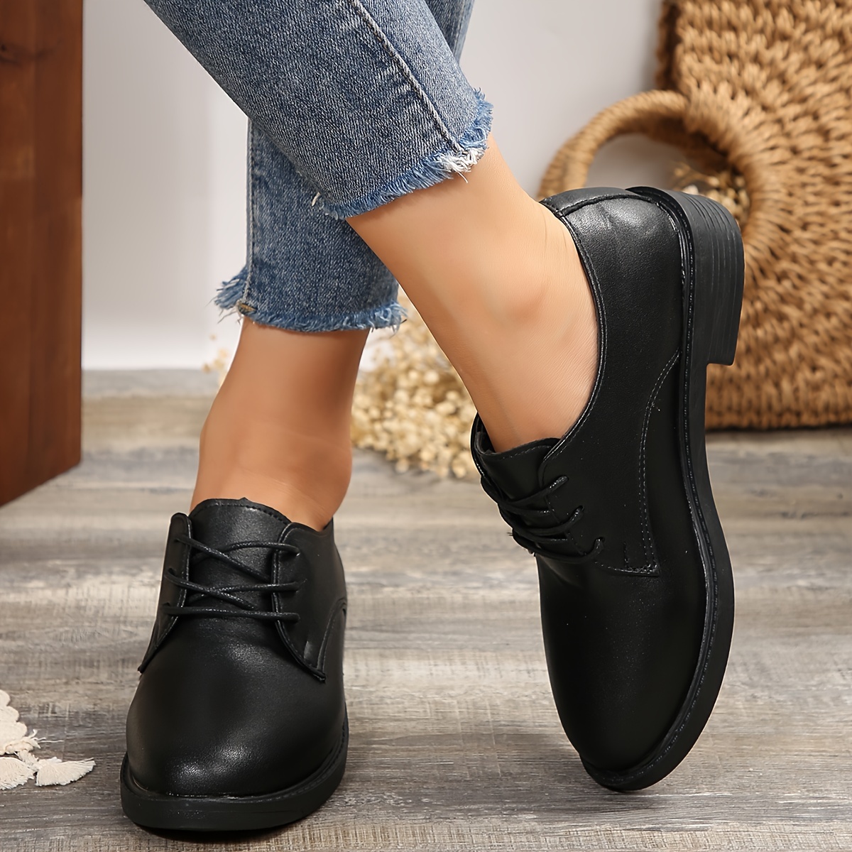 Zapatos Oxford Con Cordones Para Mujer, Zapatos De Tacón Bajo Grueso De  Piel Sintética Que Combinan Con Todo, Zapatos Oxford Negros Informales