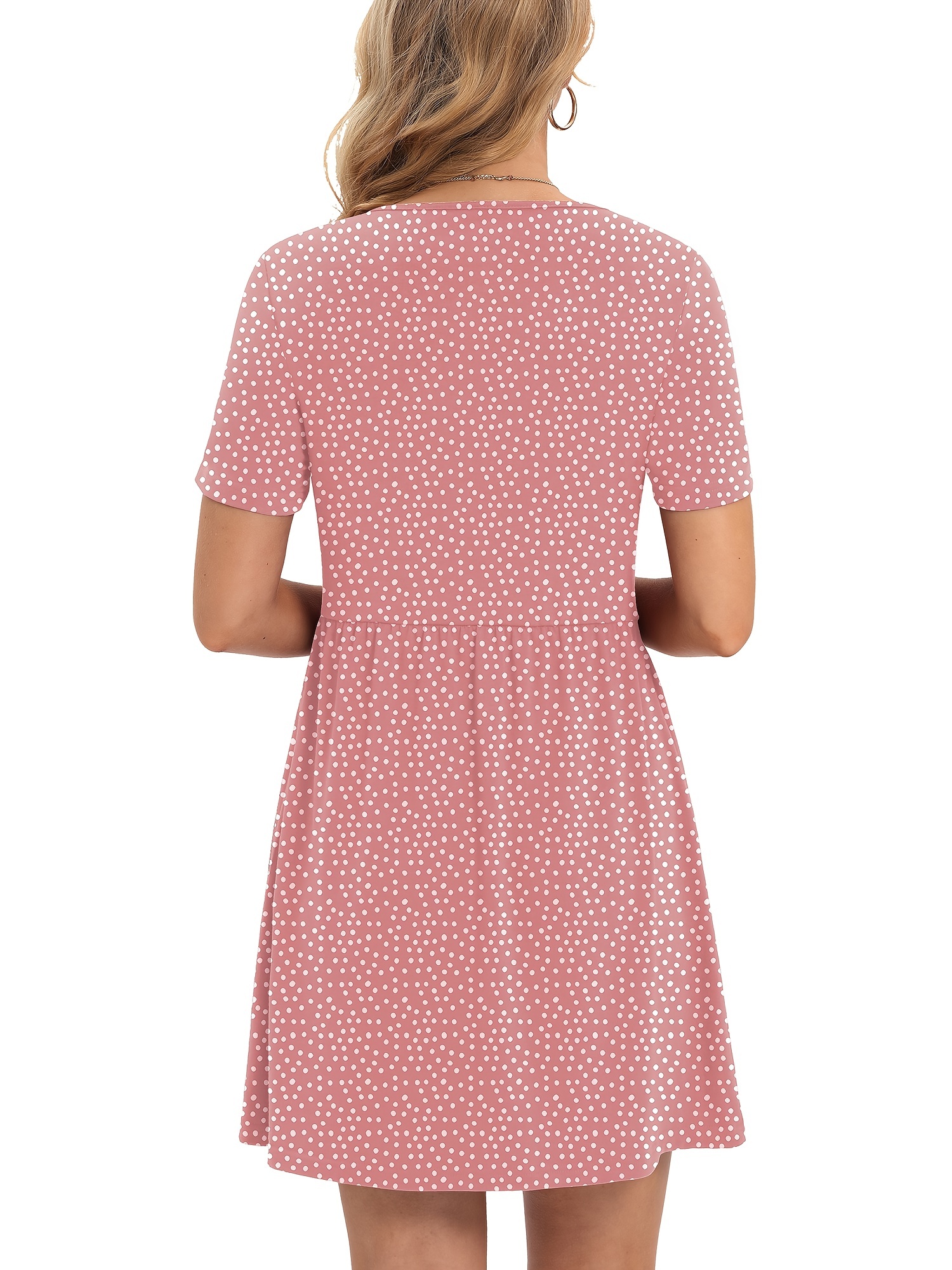 Solid Round Neck Short Sleeve Pockets Dress Casual - Temu