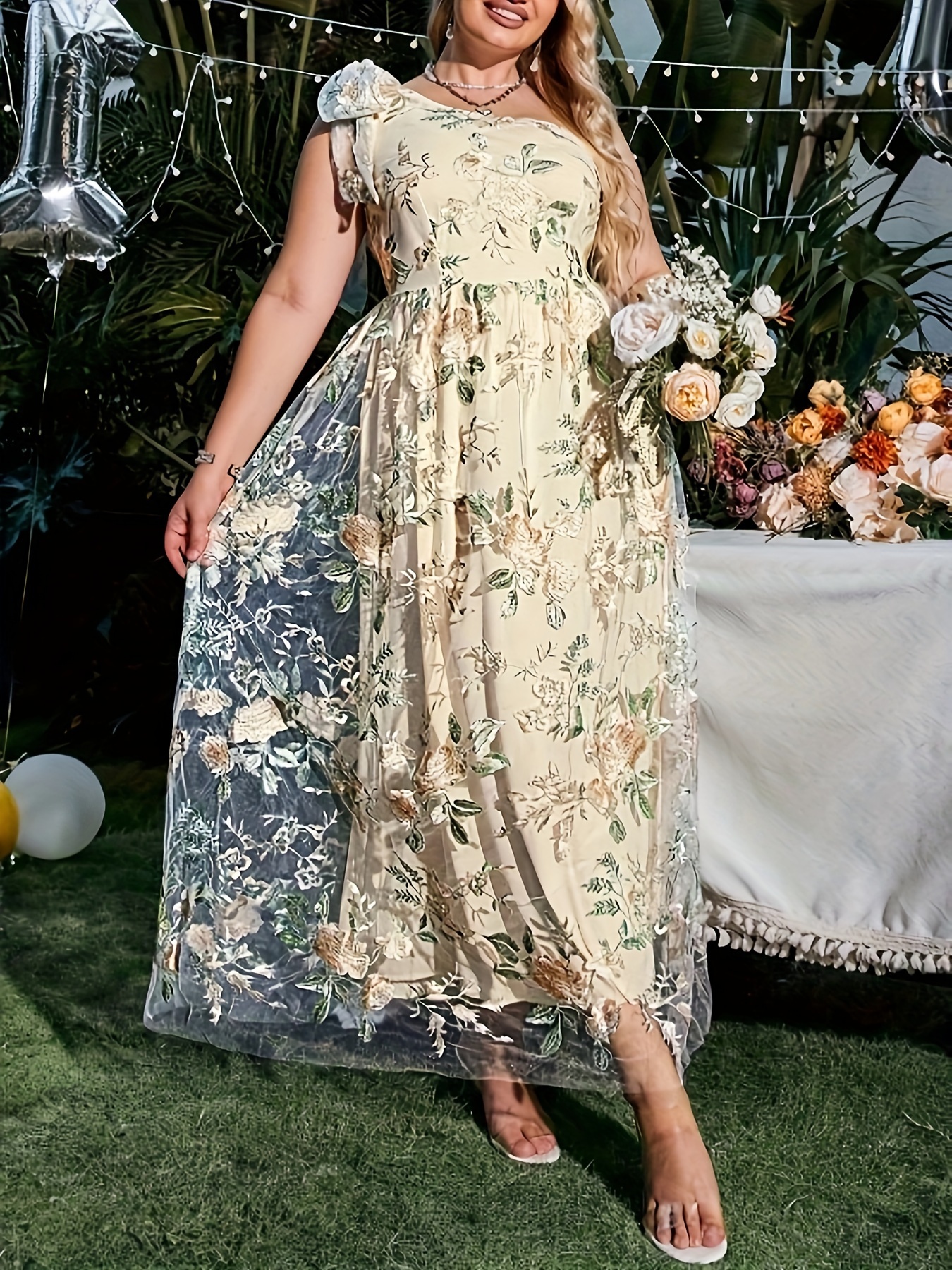 Plus Size Elegant Bridesmaid Dress Women's Plus Floral Lace - Temu Canada