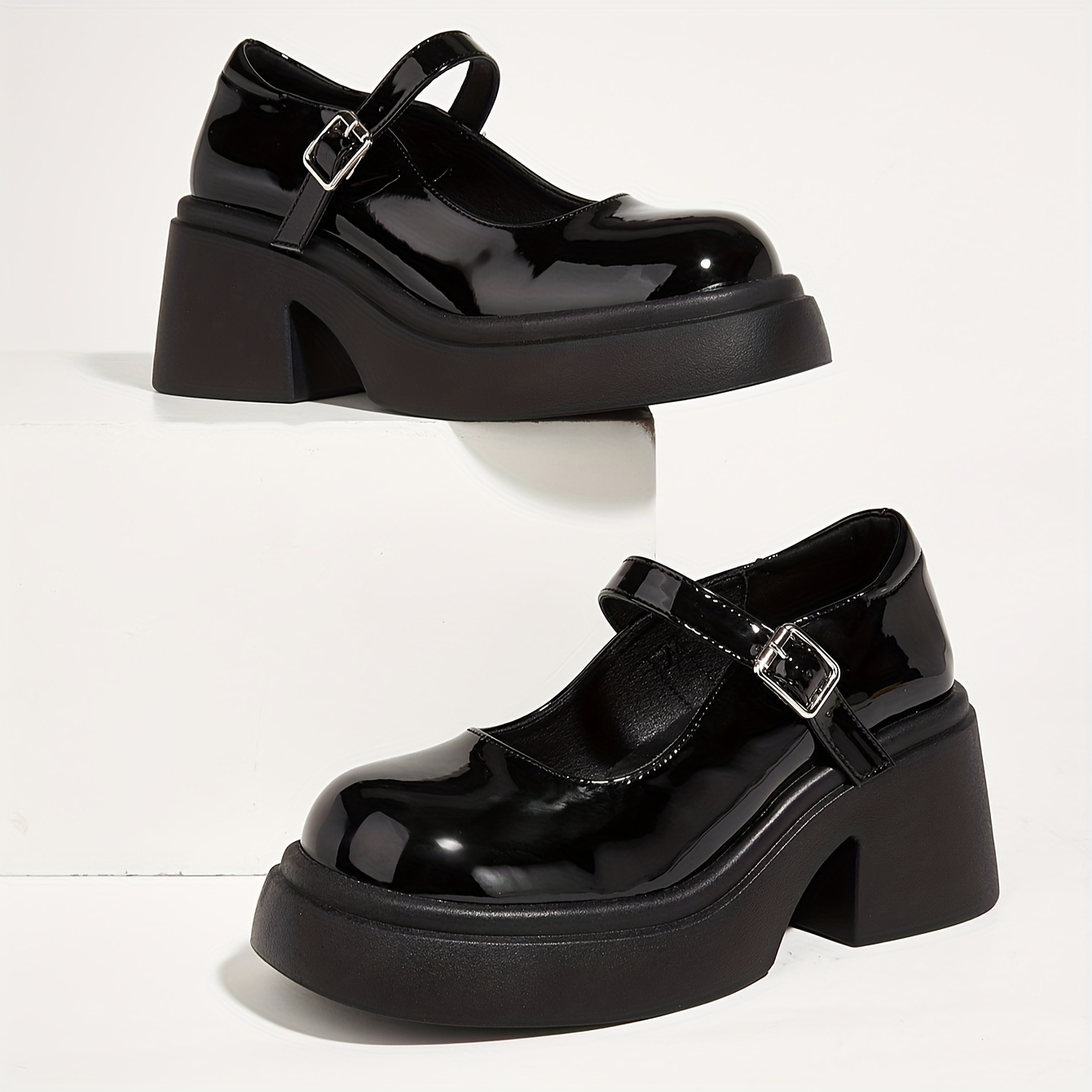 Women's Platform Mary Jane, Round Toe Buckle Strap Chunky Heeled Loafers,  Preppy Style Patent Leather Uniform Shoes - Temu