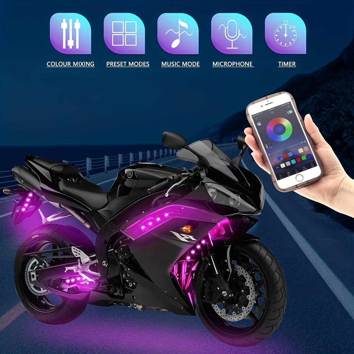 1 Motorcycle Atmosphere Lights Rgb Colorful App Control Led - Temu